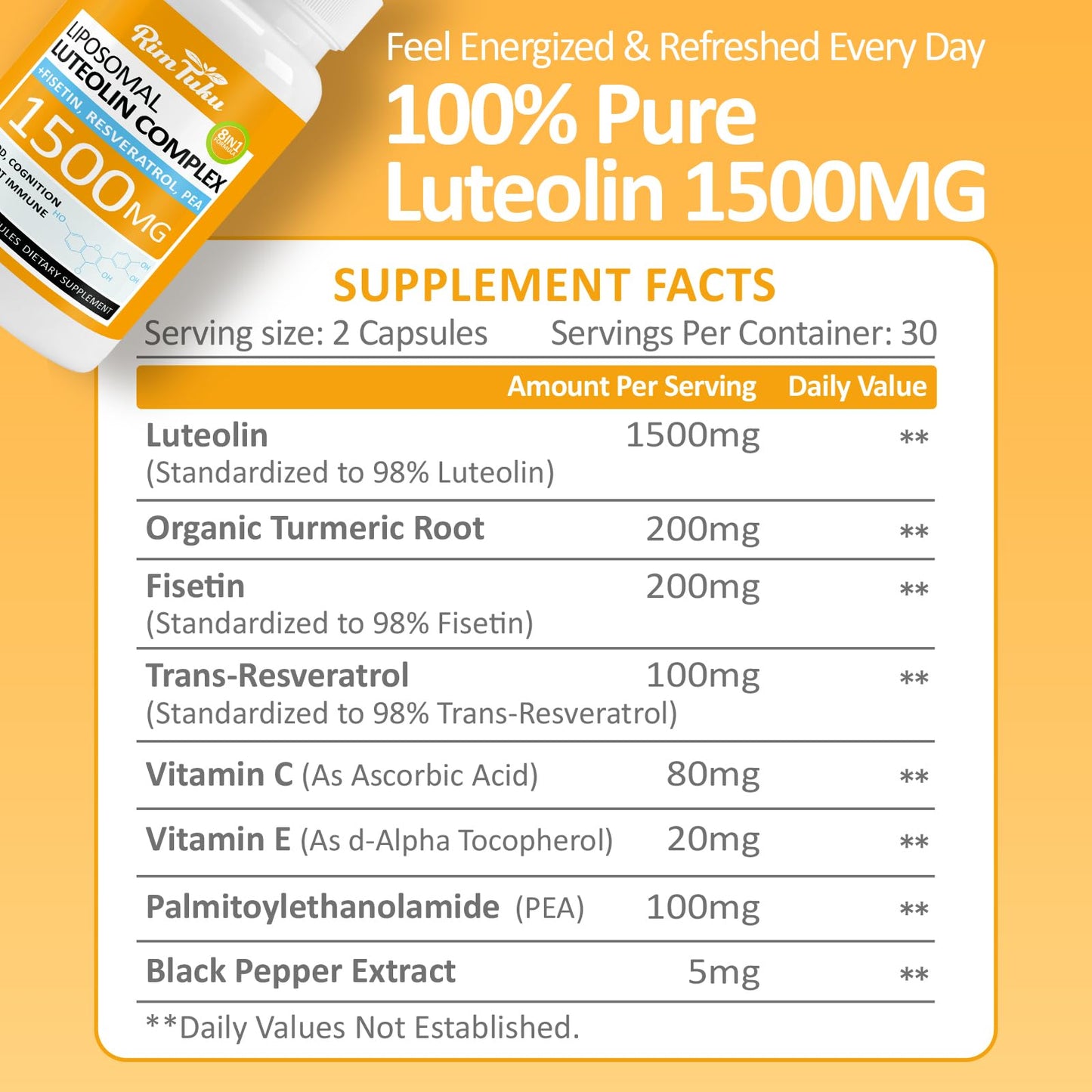 RimTuku Liposomal Luteolin Supplement 1500mg 8-in-1 Formula with Fisetin, Pea, Turmeric for Brain Health, 180 Capsules