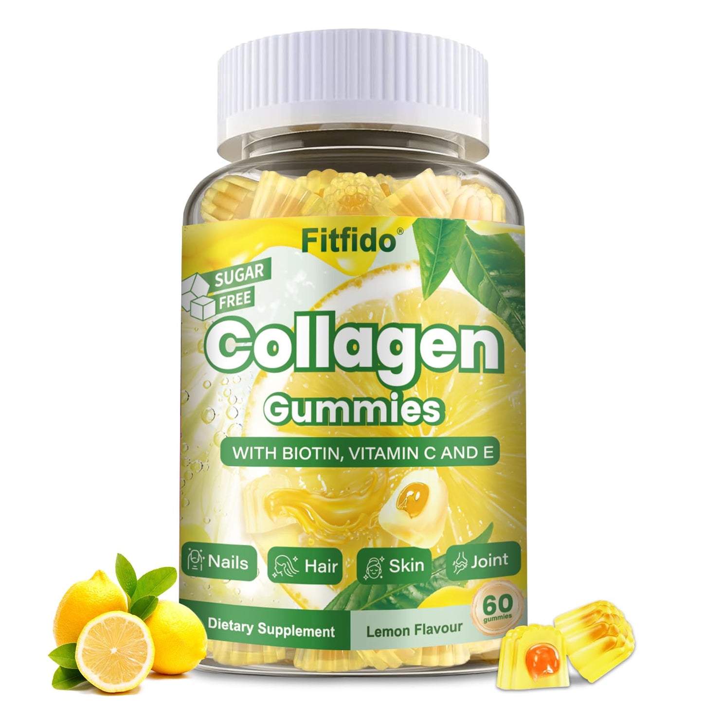 Fitfido Collagen Gummies 1500mg, Multi Collagen Types I, II, III Gummy, 60 Count
