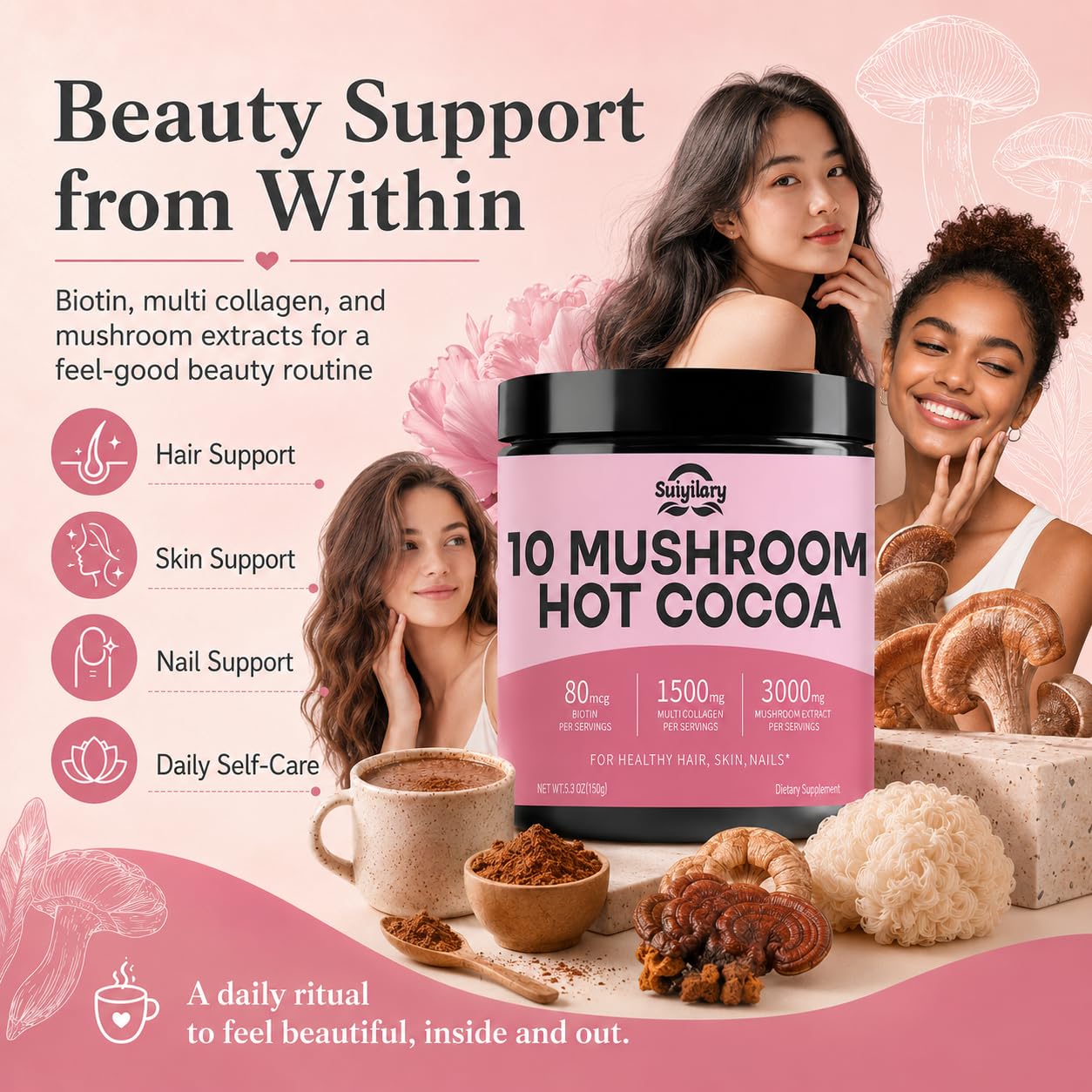 Suiyilary 10 Mushroom Hot Cocoa with Collagen 1500mg & Biotin 80mcg Powder, 5.3 oz