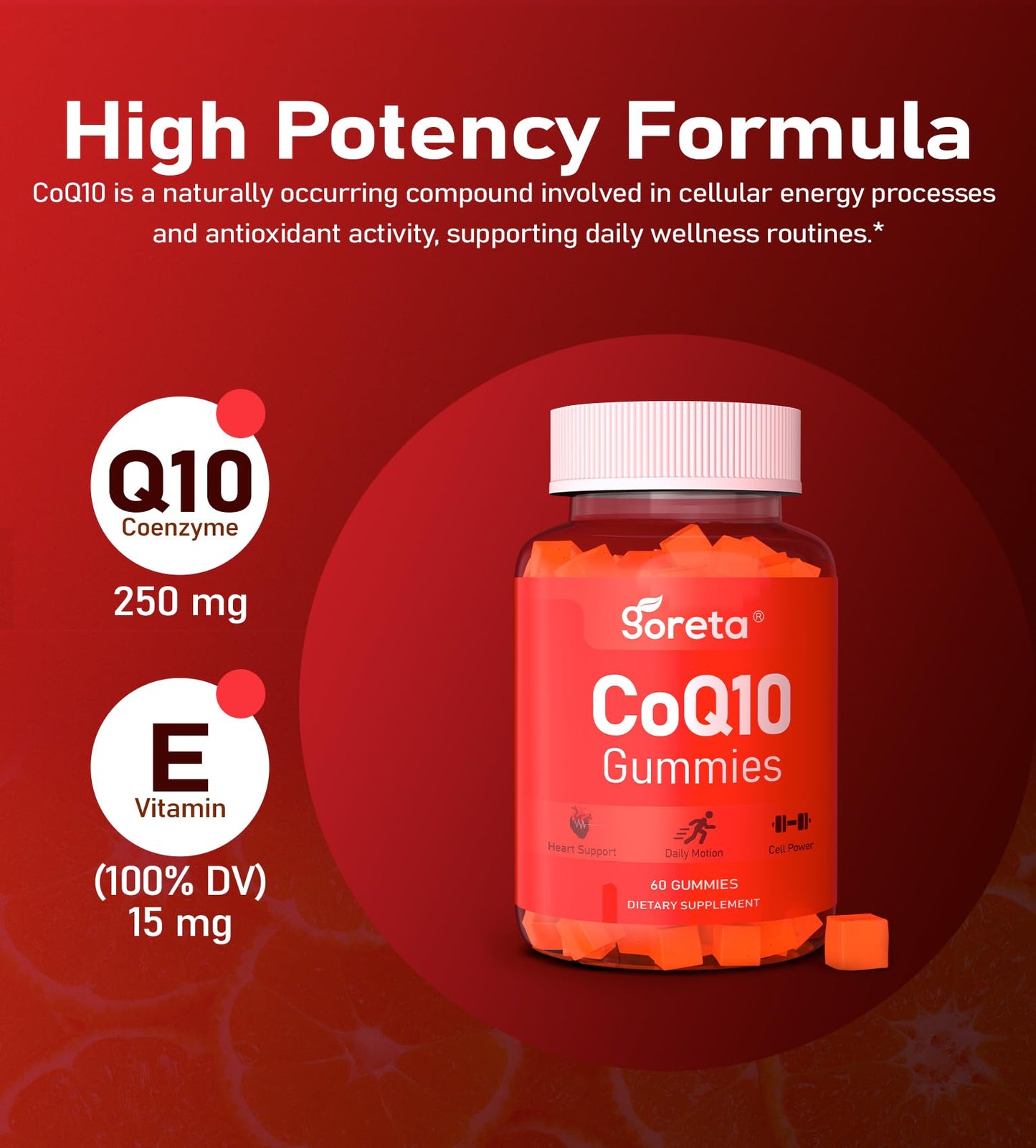 Goreta CoQ10 Gummies with Vitamin E, 250mg per Serving, 60 Count