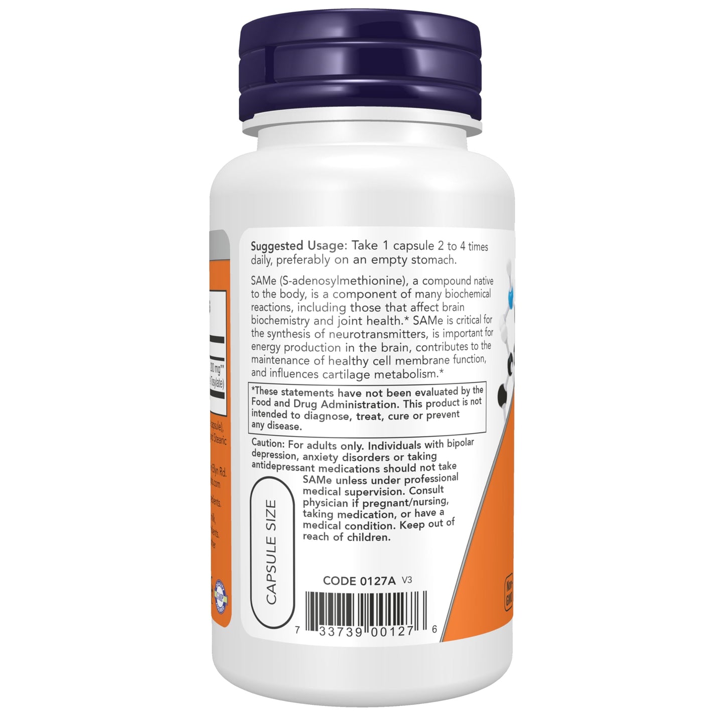 NOW Foods SAMe (S-Adenosyl-L-Methionine) 200 mg Nervous System Support*, 60 Veg Capsules
