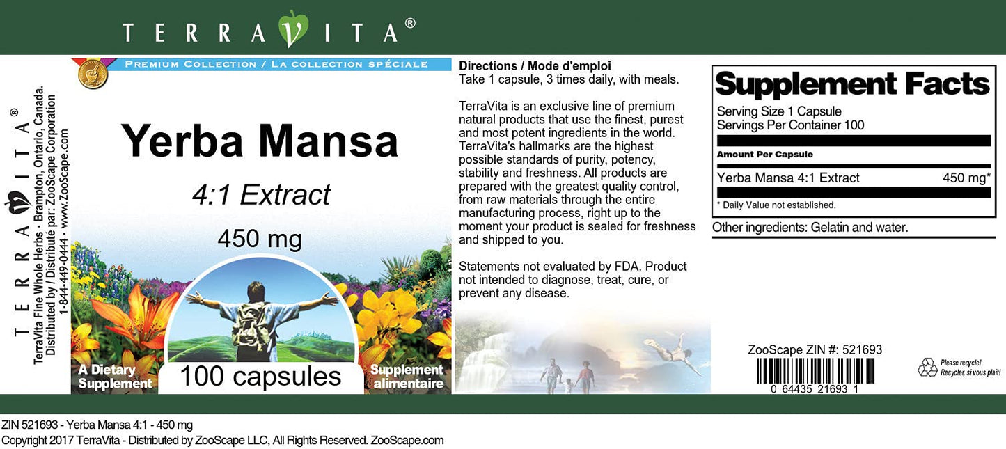 Terravita Yerba Mansa 4:1-450 mg Capsule 100 Count