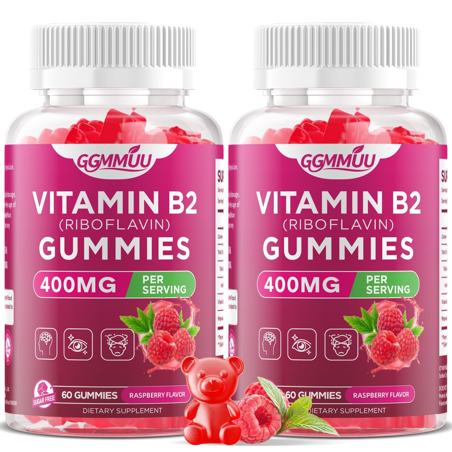 GGMMUU Vitamin B2 Gummies Riboflavin 400mg Supplement with Magnesium, 120 Count