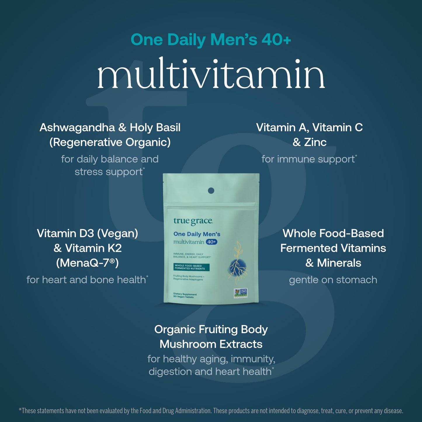 True Grace Men's 40+ One Daily Multivitamin with Fermented Minerals, Organic Adaptogens & Mushrooms Whole Body Balance Immune, Endurance, Bone & Heart Support, Non-GMO, 90 Tablets