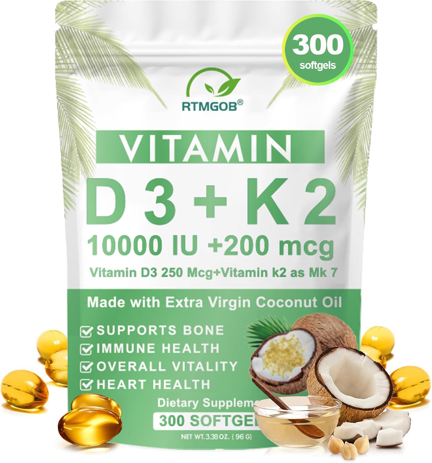RTMGOB Vitamin D3 K2 Supplement Vitamin D3 10,000 IU + K2 MK-7 200 mcg Virgin Coconut Oil Softgels, 300 Count