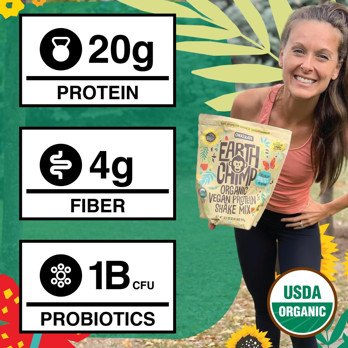 EarthChimp Organic Vegan Protein Powder with Probiotics - Non-GMO, Dairy Free, Gluten Free, 32 oz