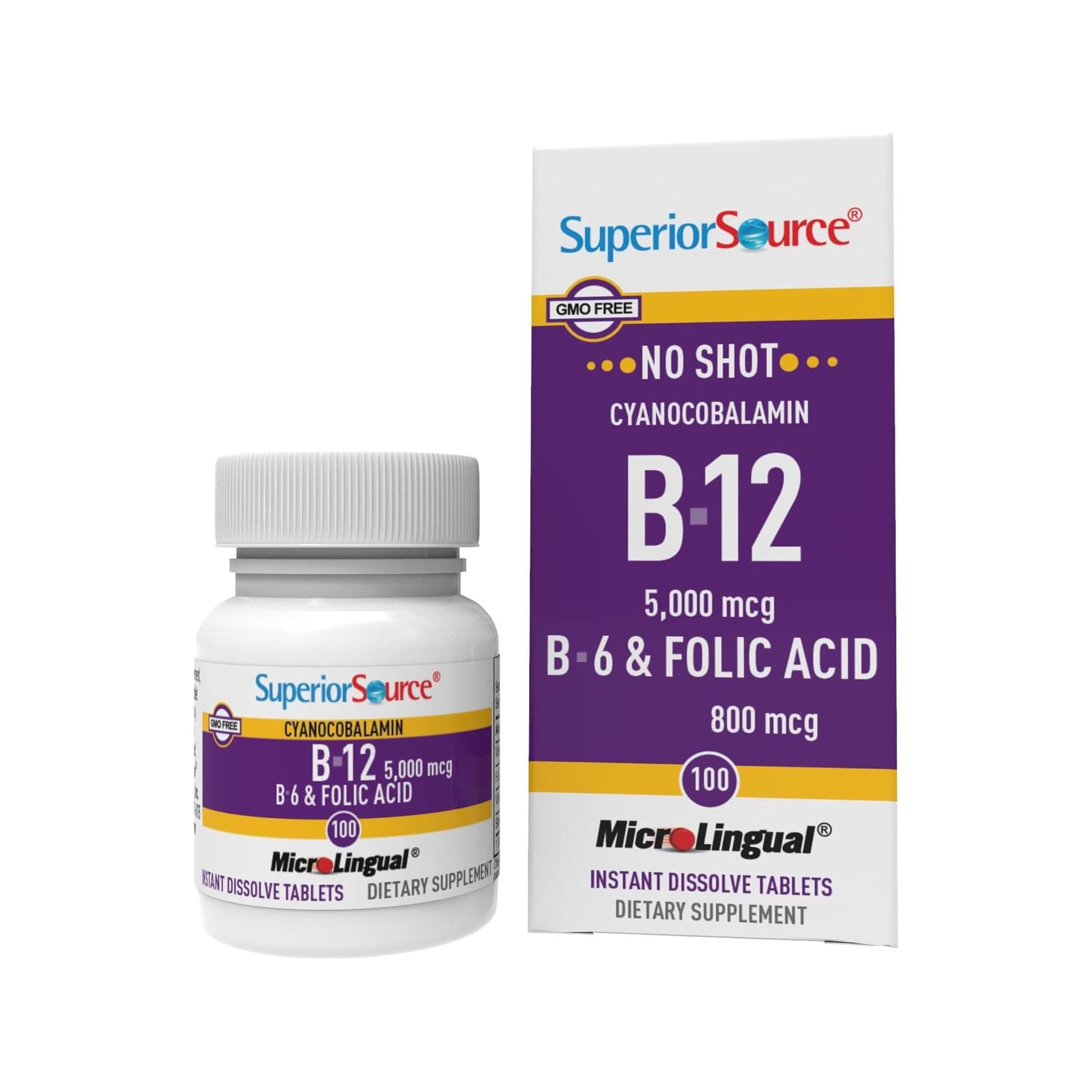 Superior Source No Shot Vitamin B-12 Cyanocobalamin 5000 mcg, B-6, Folic Acid 800 mcg Sublingual Tablets, 100 Count