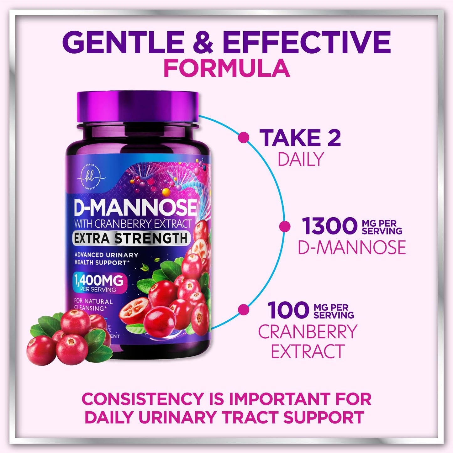 Hello Lovely! D-Mannose 1300mg with Cranberry Capsules, 60 Capsules