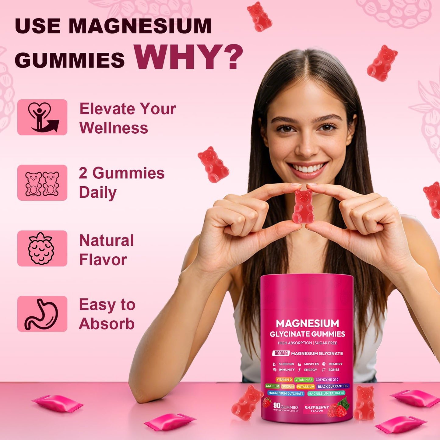 Cytona Magnesium Glycinate Gummies 600mg, High Absorption Magnesium Complex, Sugar Free with Vitamin D & B6, CoQ10, 90 Count