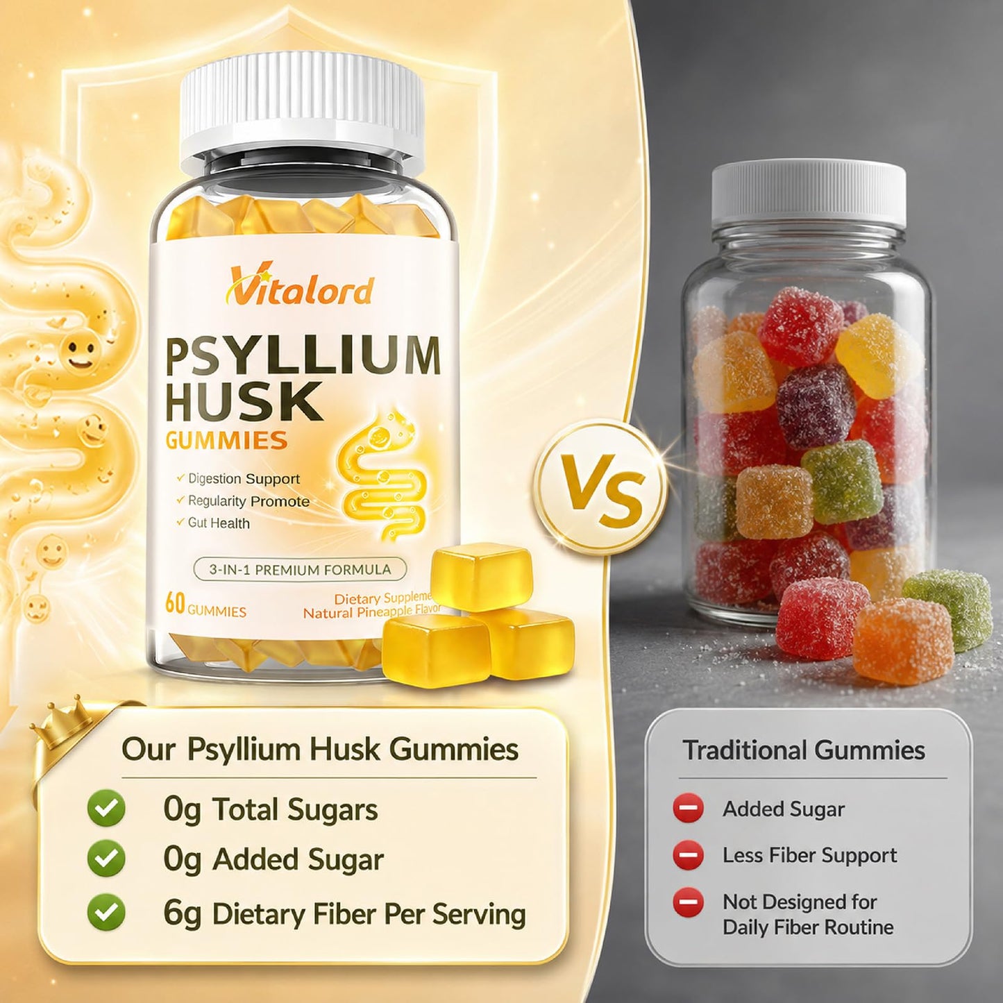Vitalord Psyllium Fiber Gummies Sugar Free, 60 Count