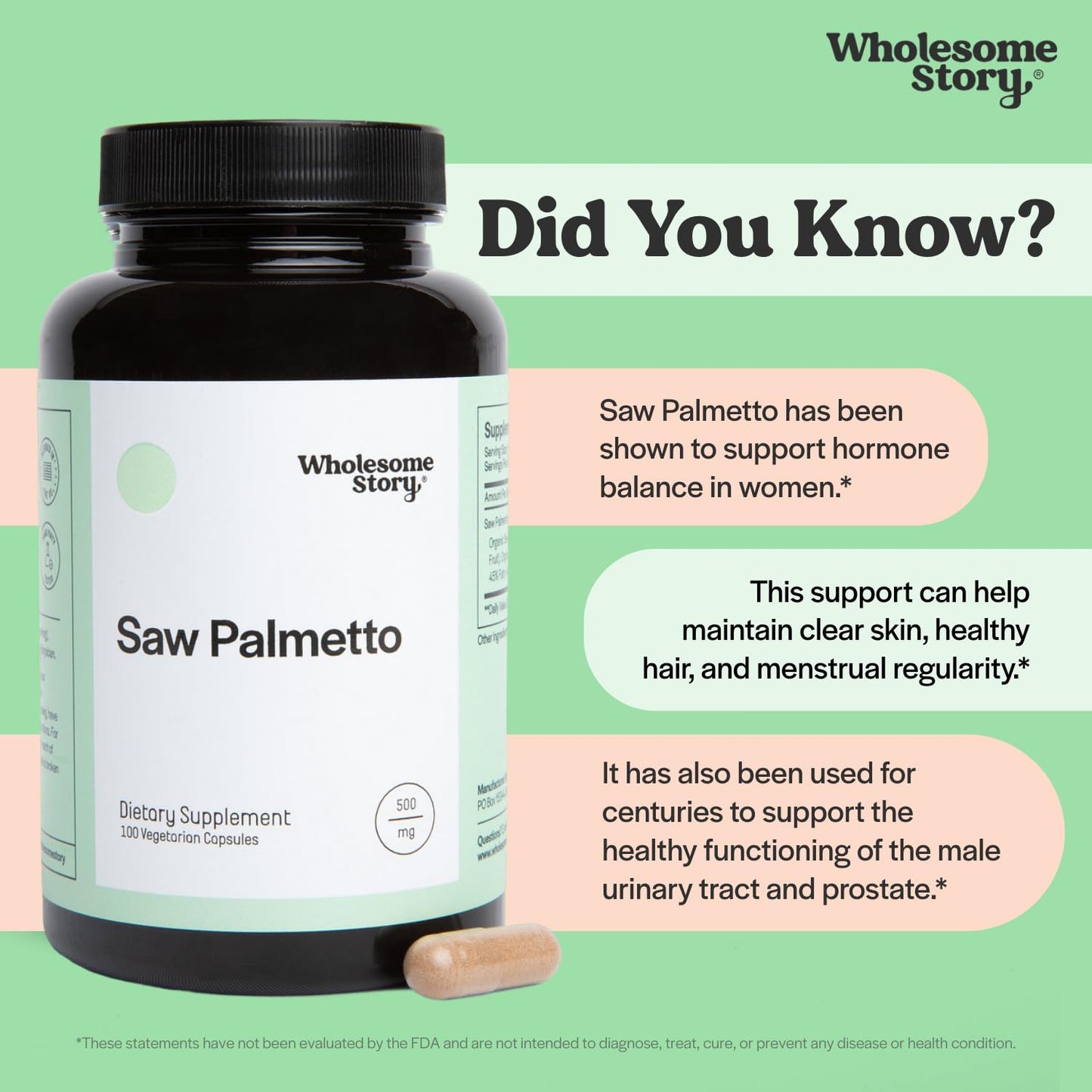 Wholesome Story Saw Palmetto Extract & Powder Blend 500mg Capsules, 100 Count