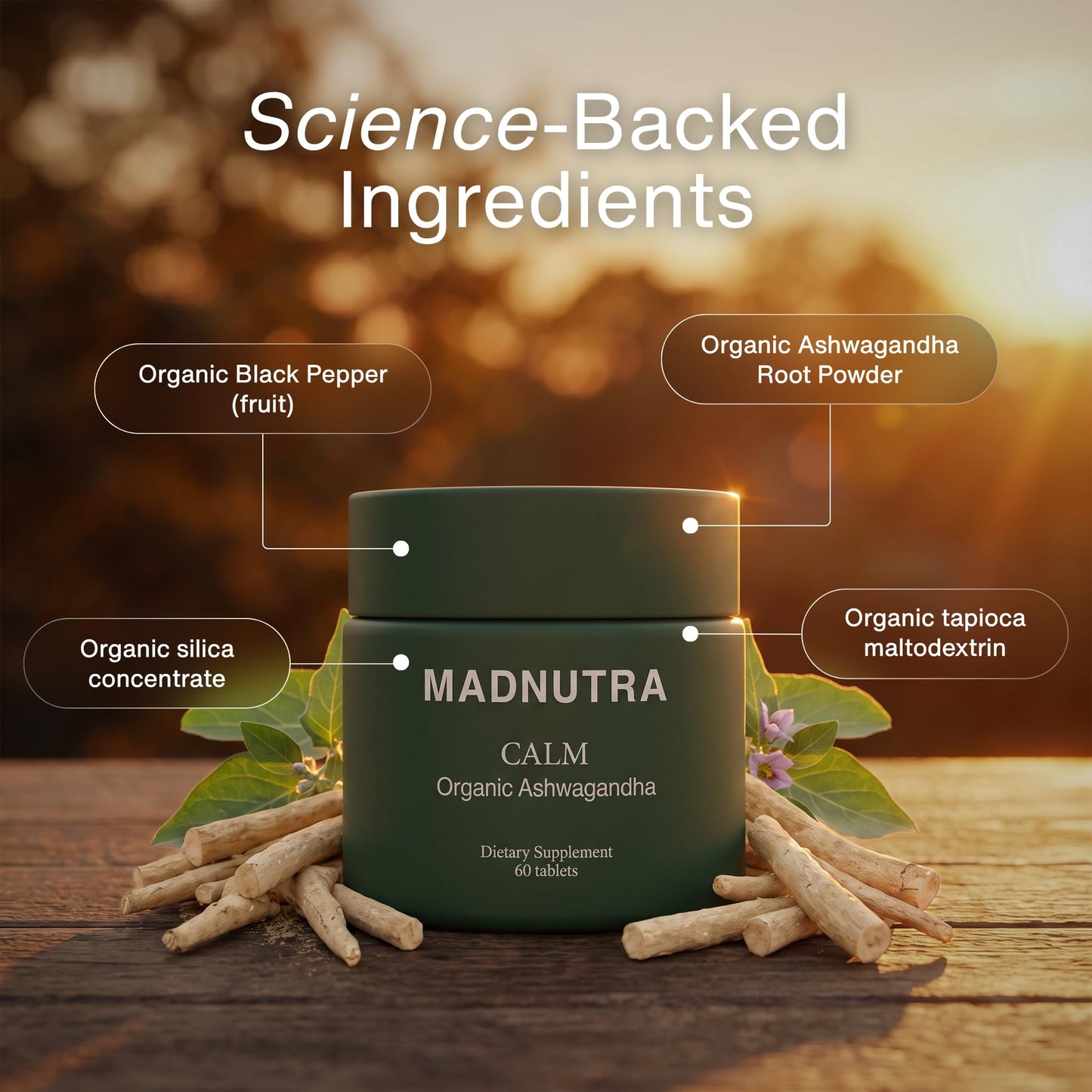 MadNutra Ashwagandha 675mg Organic Ashwagandha Supplement for Stress Management, Non-GMO, Premium Adaptogen Tablets, 60 Count