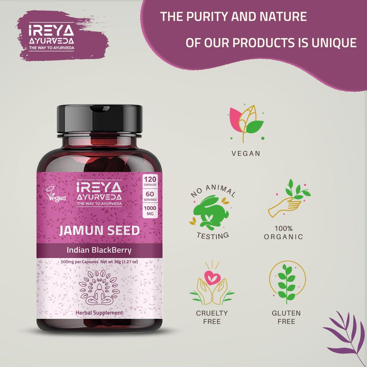 Ireya Ayurveda Jamun Seed Capsules 1000 mg, 90 Capsules