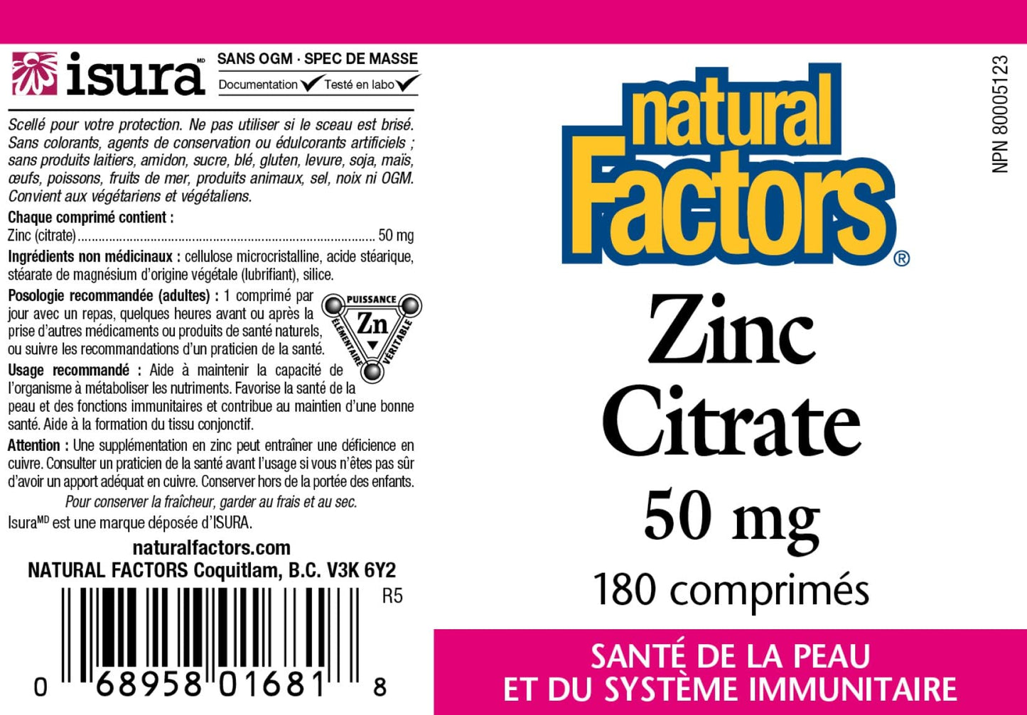 Natural Factors Zinc Citrate 50mg Tablets 180 Count