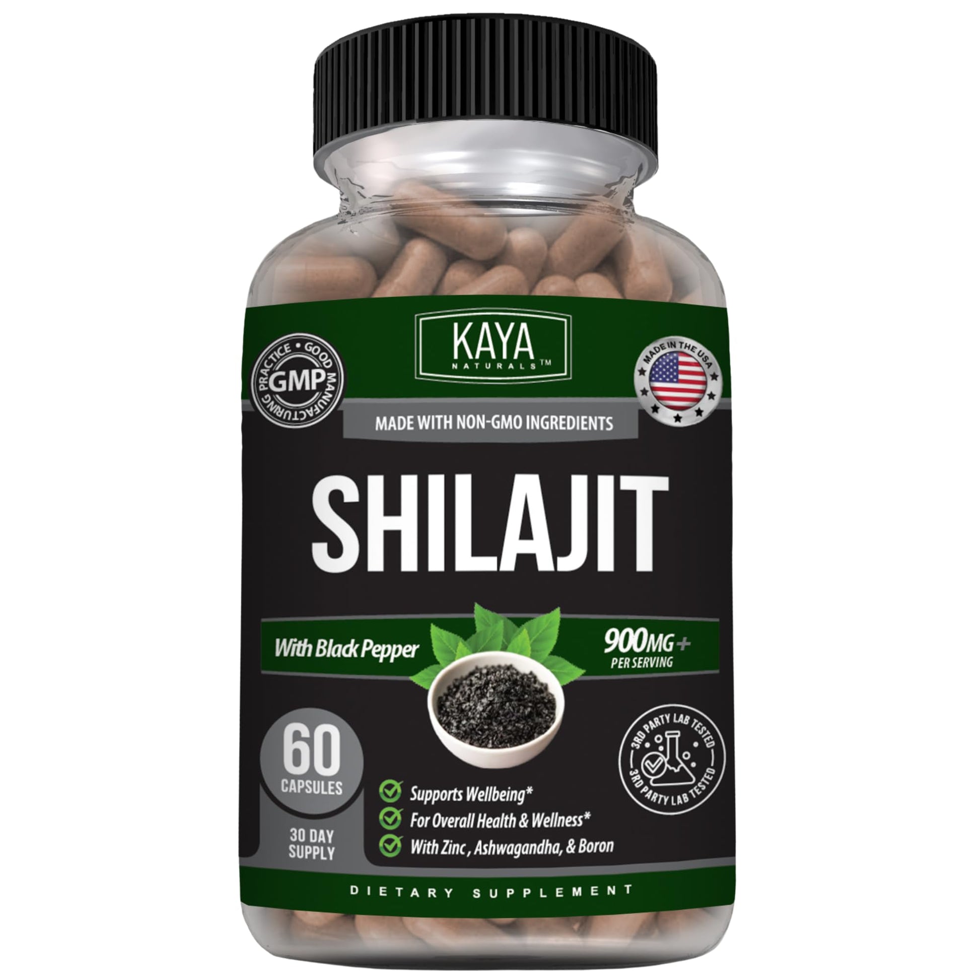 Kaya Naturals Shilajit with Black Pepper 900mg per Serving Capsule, 60 Count