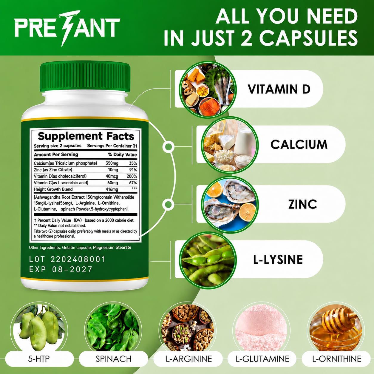 PRETANT Height Growth Maximizer Calcium Vitamin D3 and Zinc Capsule, 62 Count