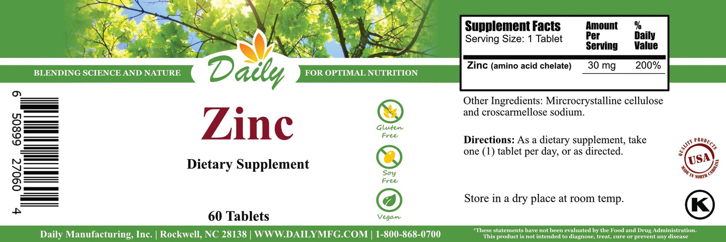 Daily Manufacturing Zinc (Amino Acid Chelate 30 mg) Tablets, 60 Tablets