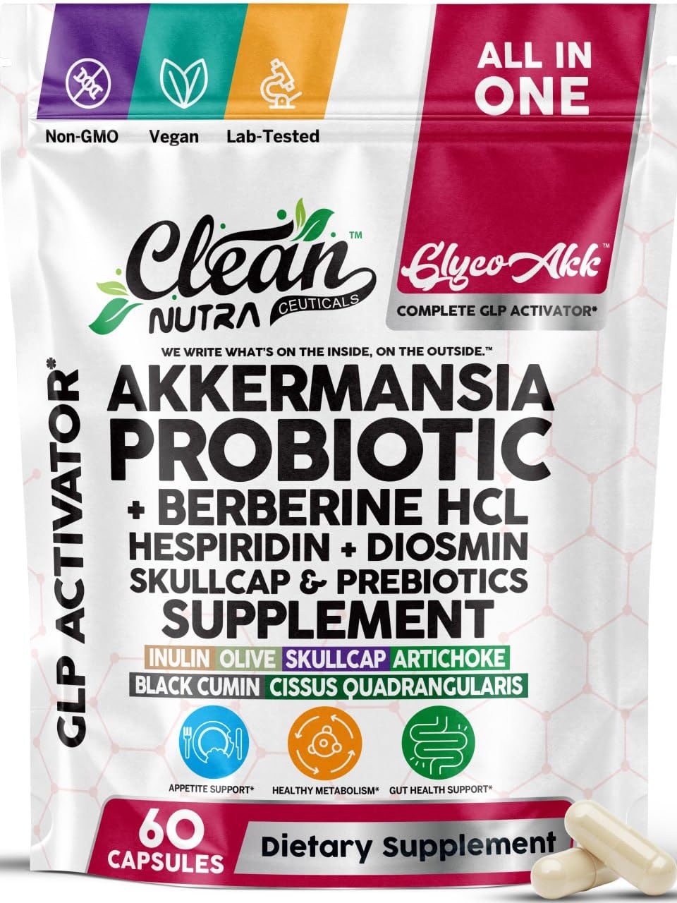 Clean Nutraceuticals Glyco Akk Akkermansia Probiotic with Berberine HCL, Hesperidin & Diosmin, Skullcap and Prebiotics, All-in-One Formula, Non-GMO, Vegan, Lab Tested, 60 Capsules