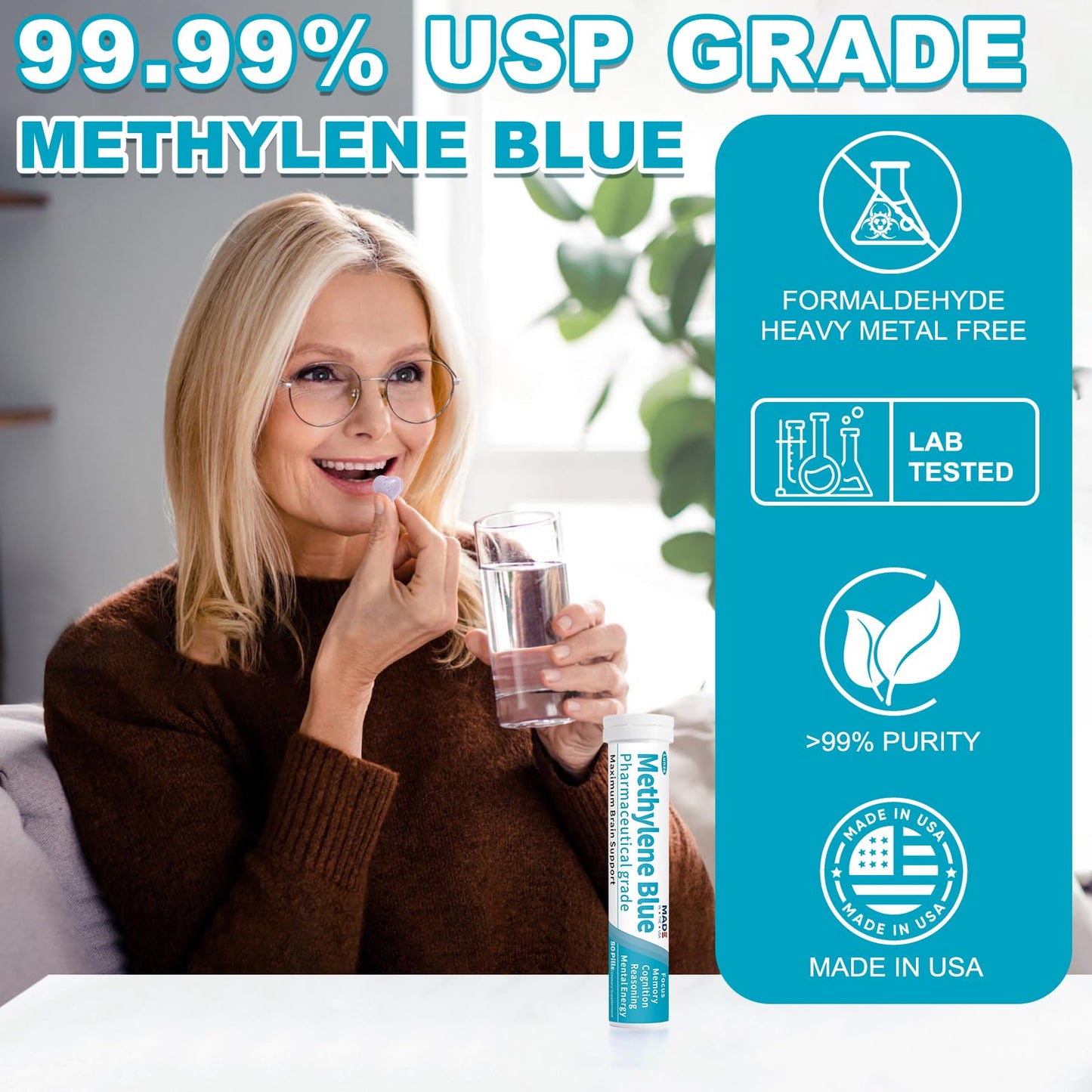 Lunza Methylene Blue Pharmaceutical Grade Nootropic Supplement for Brain Support, Focus & Clarity with L-Theanine & Vitamin C, Lab Tested, No Formaldehyde, 80 Tablets