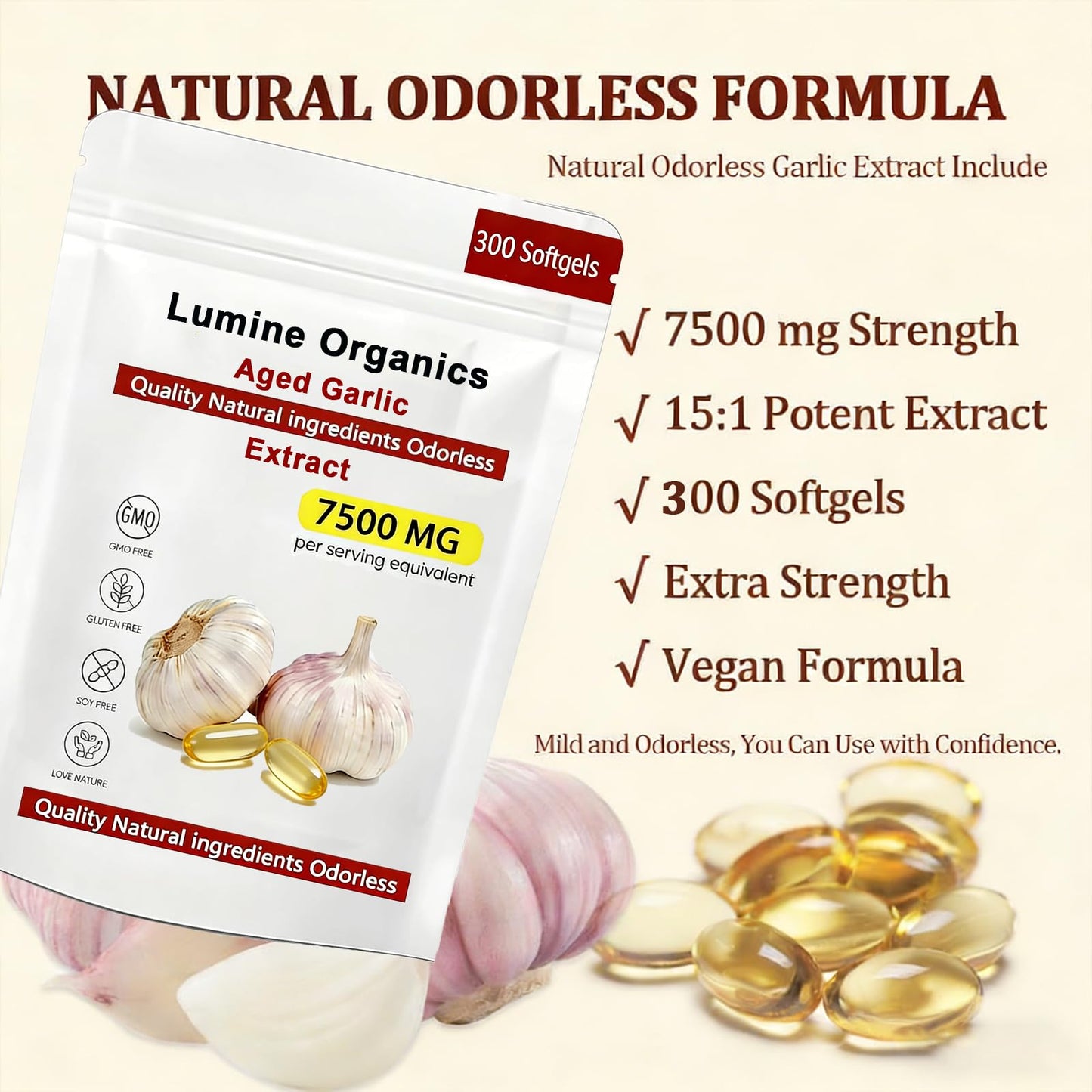 Lumine Organics Aged Garlic Extract Capsules, 500mg per Serving, Odorless, 300 Softgels, Vegetarian, 1 Count