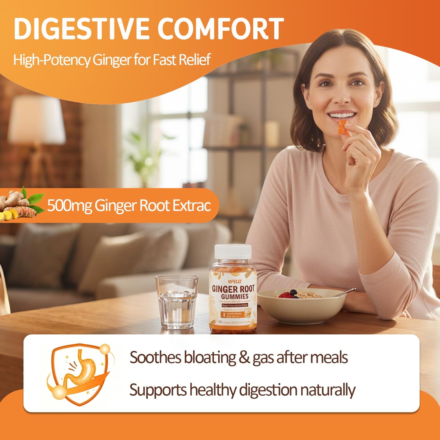 HFELIZ Ginger Gummies 500mg - Turmeric and Ginger Supplement for Digestion, Bloating & Mobility Support, Sugar-Free Lemon Flavor with Black Pepper Extract for Enhanced Absorption, 60 Count