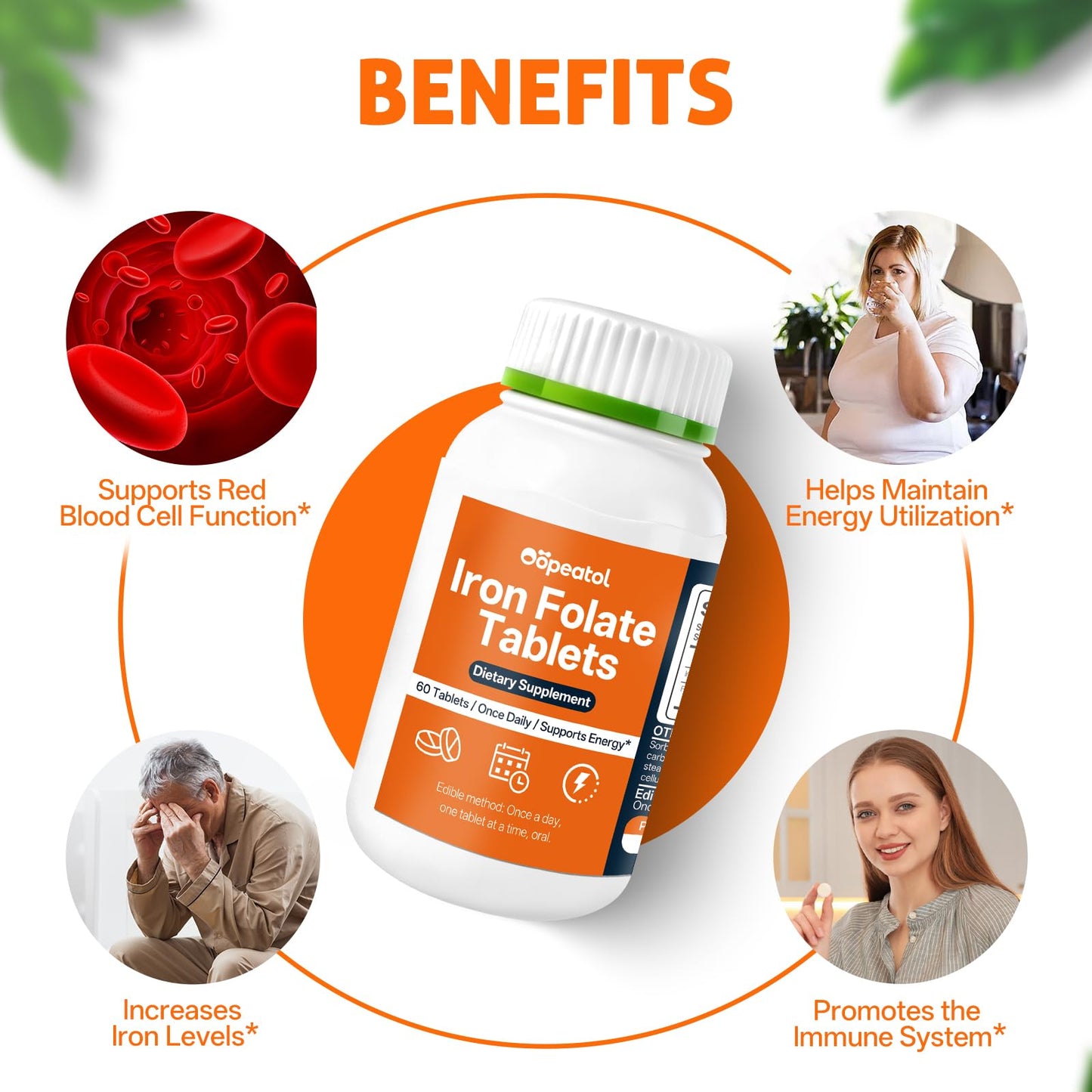 Oopeatol Iron & Folic Acid Supplement Chewable, Supports Red Blood Cell Production, Energy & Blood Health, Gentle Iron Formula for Men & Women, 60 Tablets