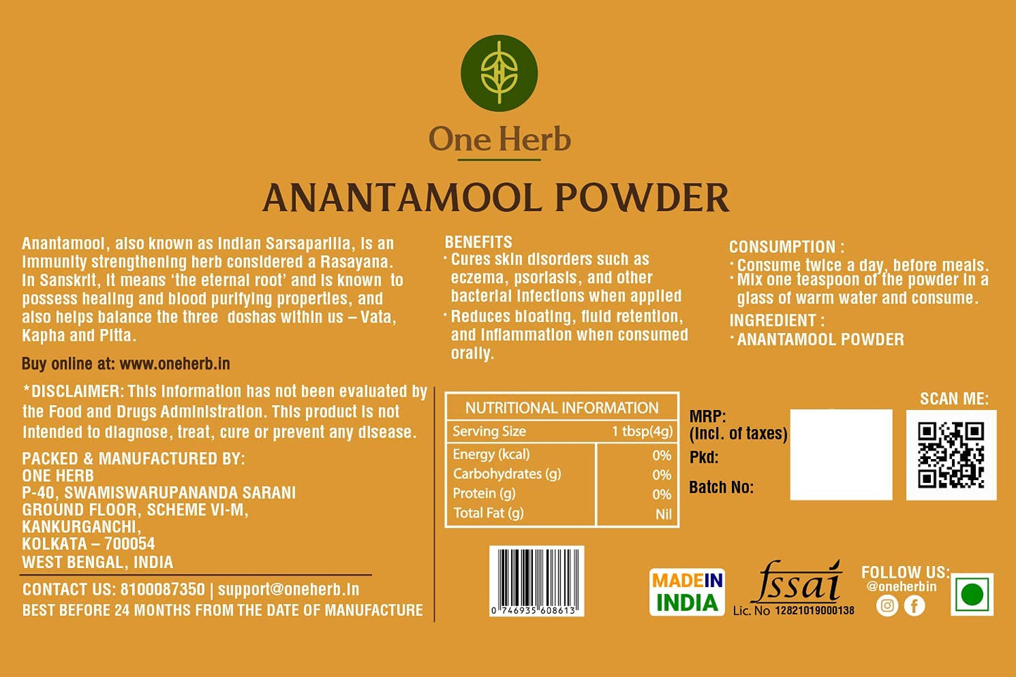 Generic Anantmool Powder 100g (Indian Sarsaparilla) – 3.53 Ounce