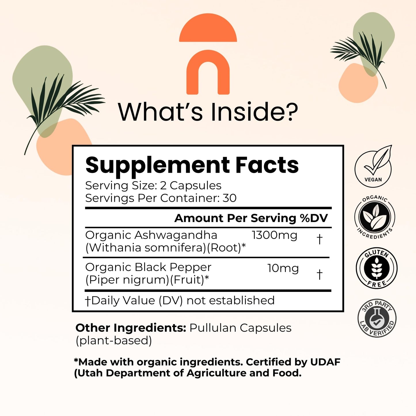 NutriRise Organic Ashwagandha Root with Black Pepper 1300mg 60 Capsules