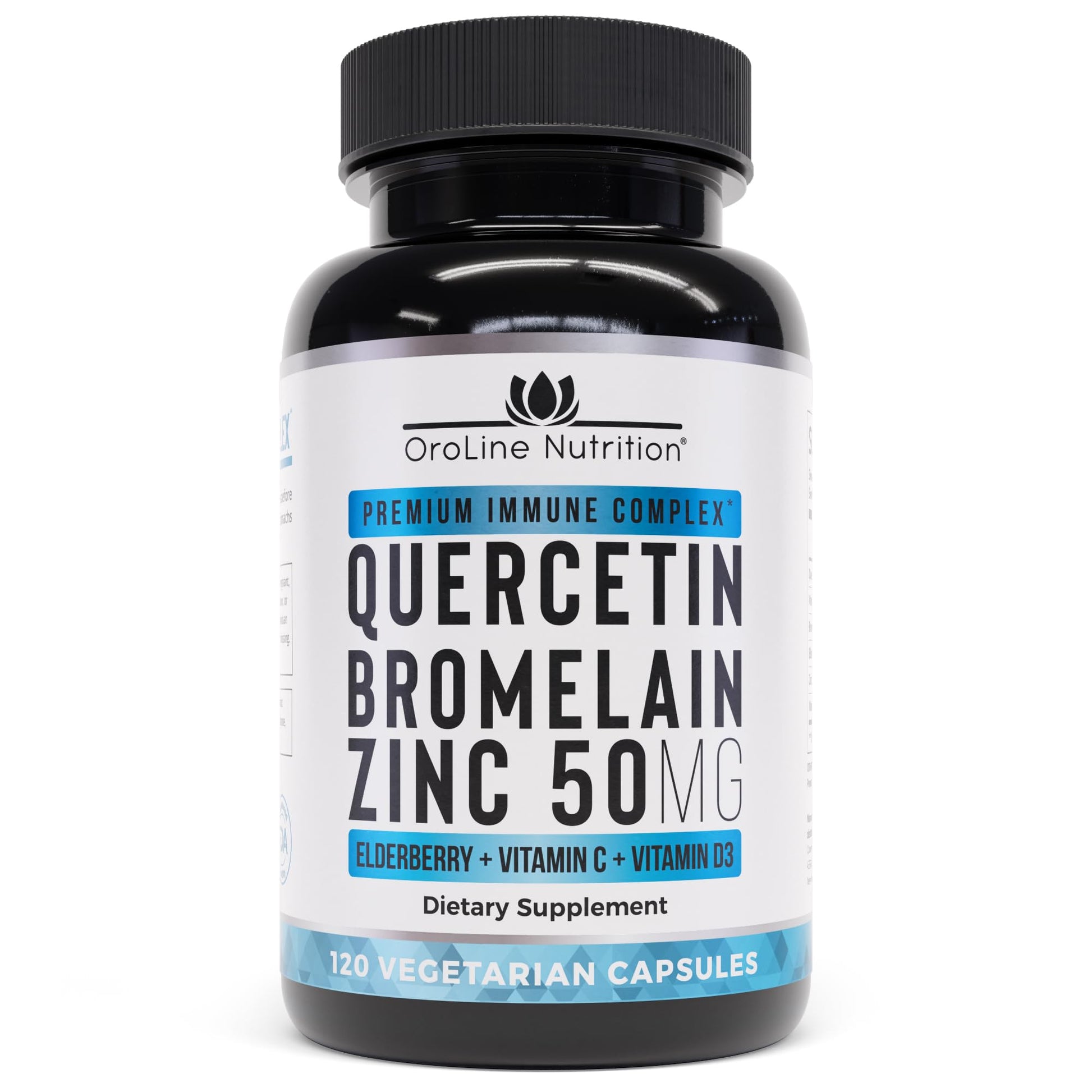 OroLine Nutrition Quercetin 500mg Capsule with Sambucus Elderberry, Bromelain, Vitamin C, Zinc 50mg, & Vitamin D3 5000 IU - Antioxidant & Immune Health Support Zinc Quercetin, 120 Capsules