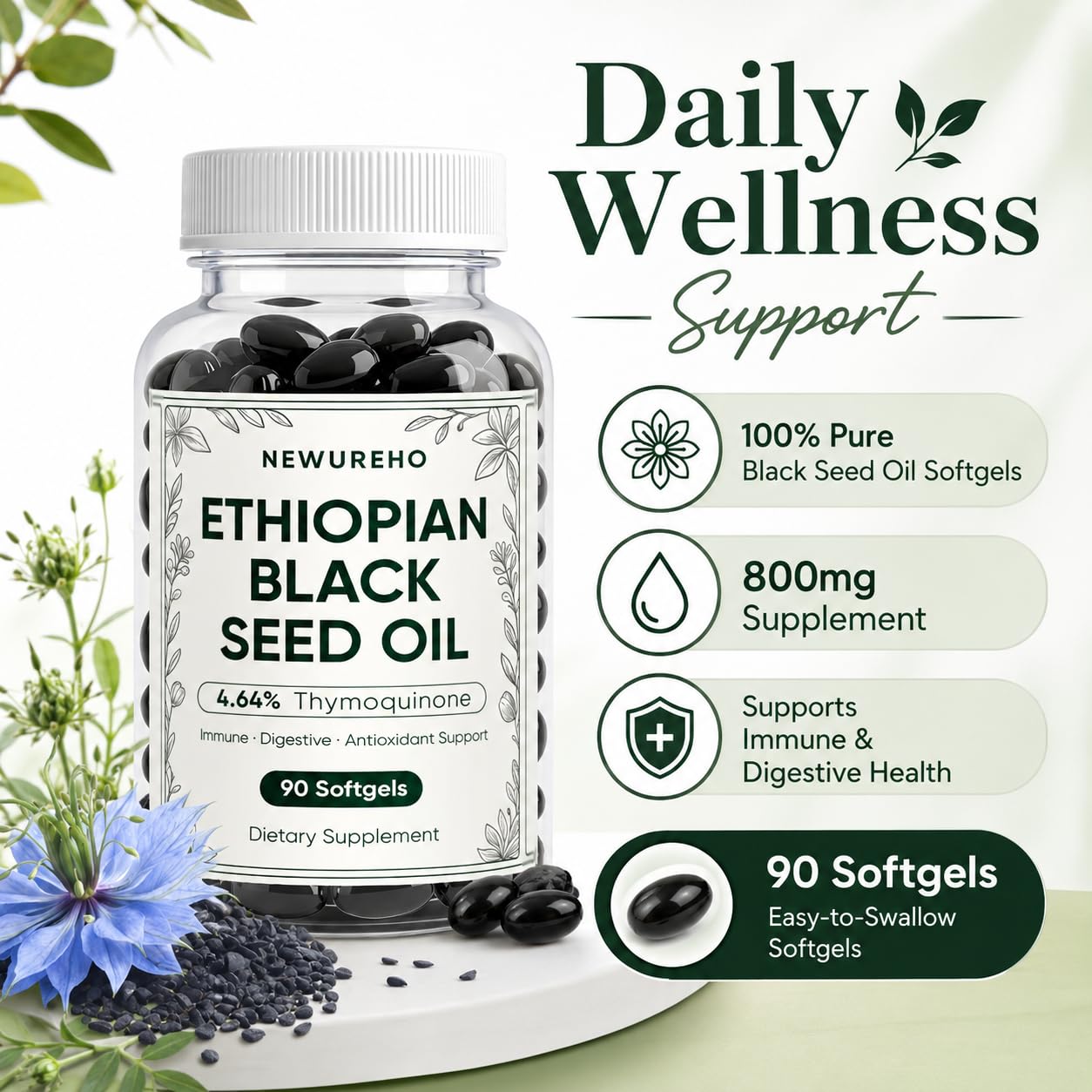 NEWUREHO Ethiopian Black Seed Oil Capsule 800mg, Organic Cold Pressed 100% Pure, Supports Immune & Digestive Health, Easy-to-Swallow, 90 Count