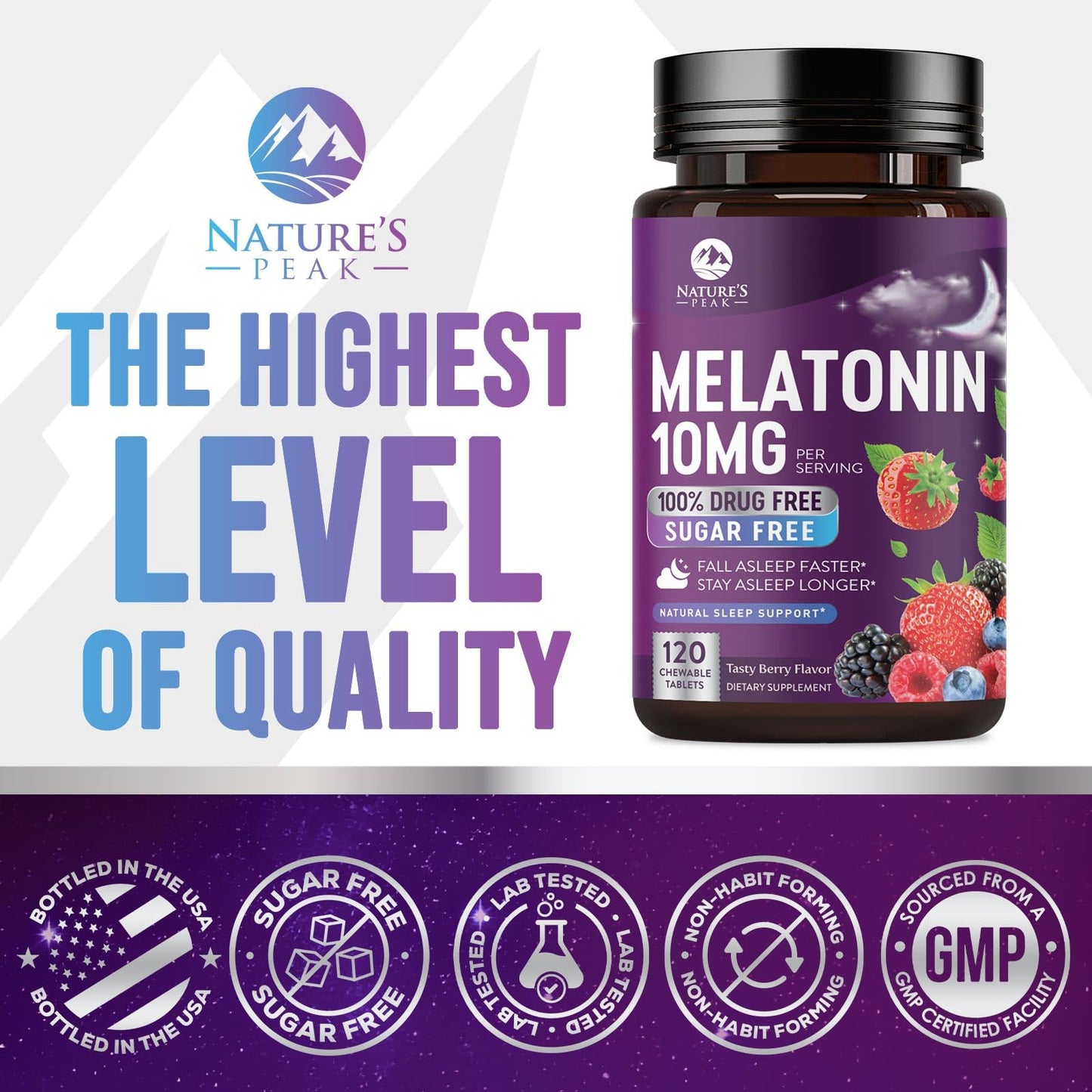 Nature's Peak Melatonin Sleep Support Supplements Chewable 120 Count