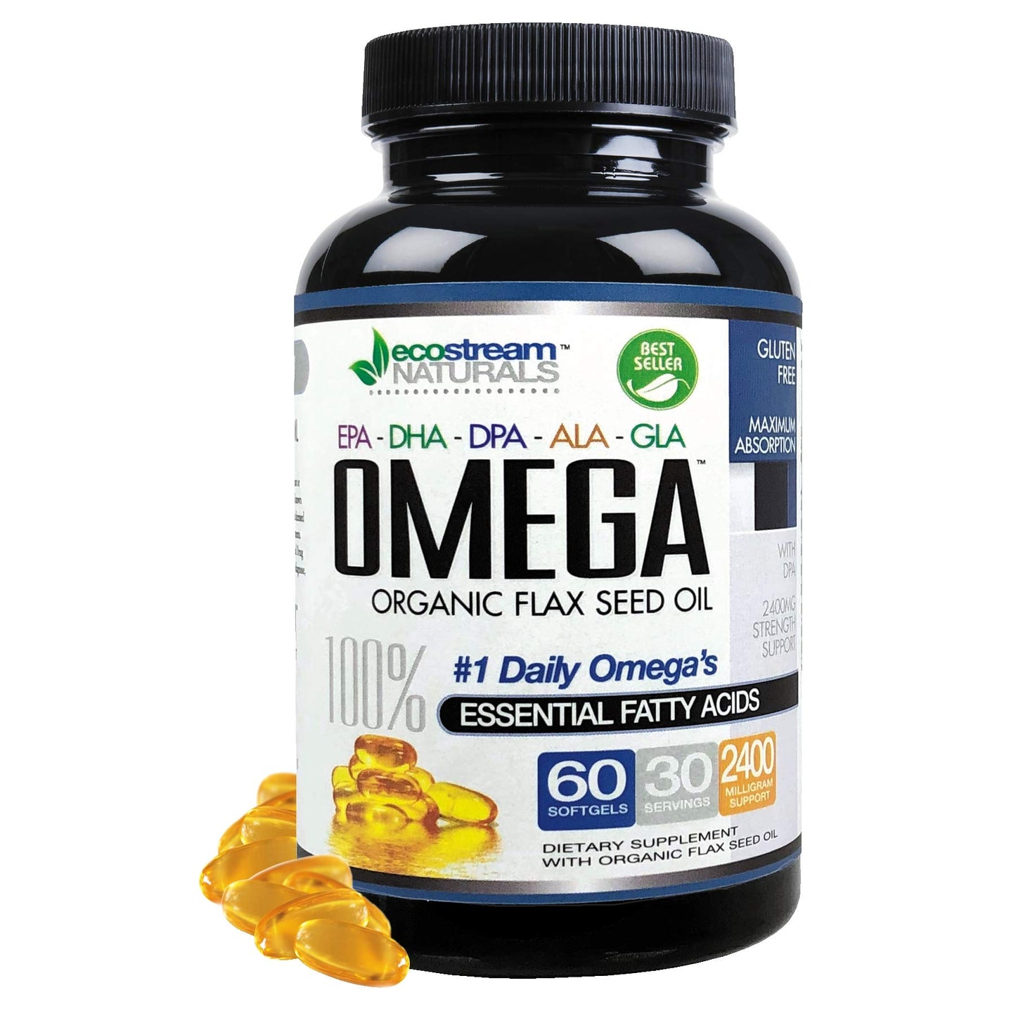 ecostream Naturals Triple Strength Omega 3-6-9 Blend with DPA, EPA, DHA, ALA and GLA and Organic Flax Seed Oil Softgel 60 SoftGels