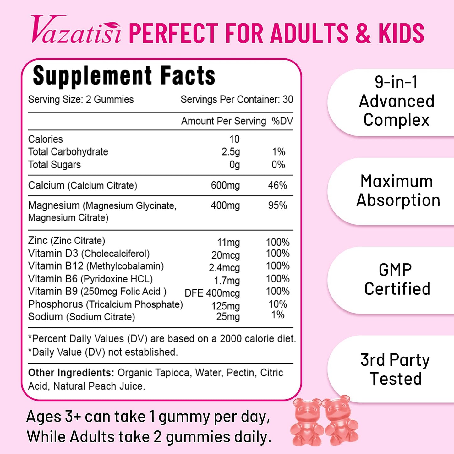Vazatisi Calcium Magnesium Zinc Gummies with Vitamin D3 B12, Peach Flavor, 120 Gummies