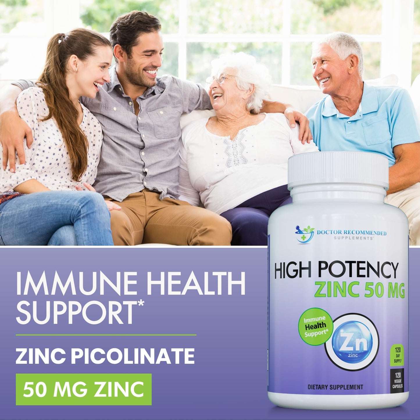 DOCTOR RECOMMENDED SUPPLEMENTS Zinc 50mg Picolinate Immune Health Support Veggie Capsules, 120 Count