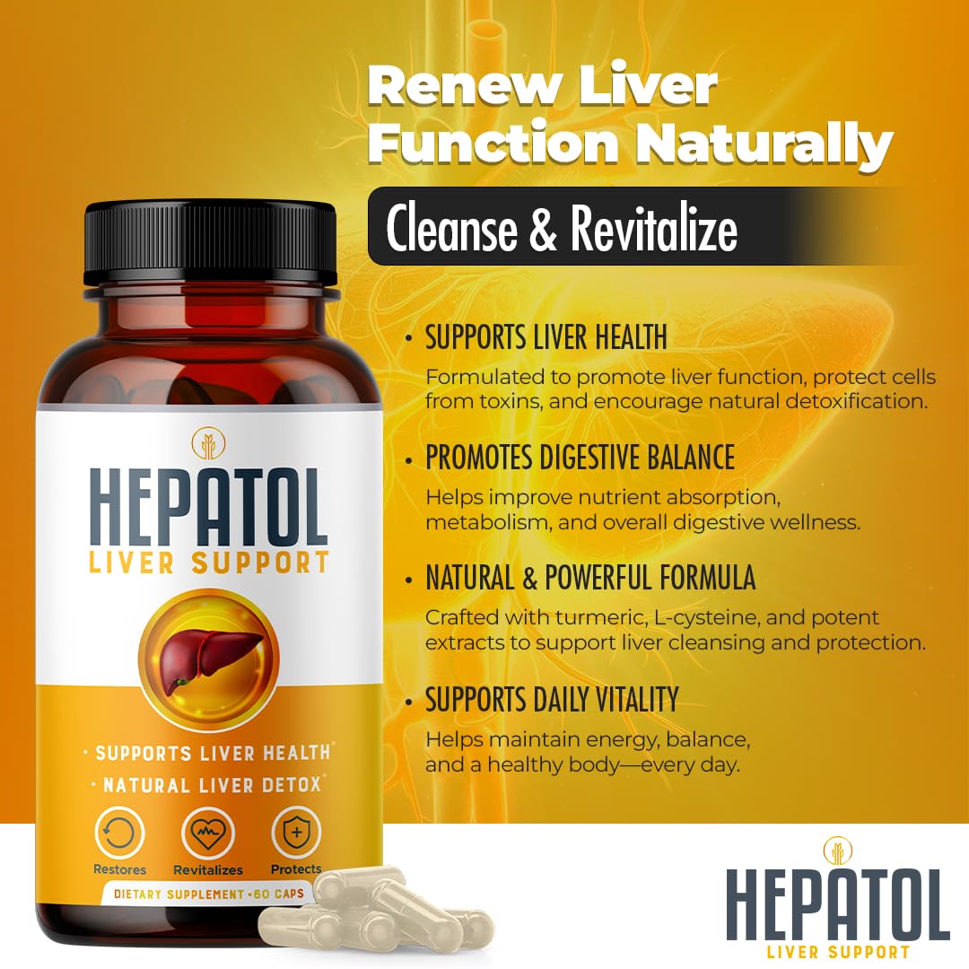 Hepatol Liver Cleanse Detox - Herbal Liver Supplement with Turmeric; L-Cysteine Detox Support Liver Health; Healthy Digestion - Liver Support Detox Cleanse Supplements, 60 Capsules