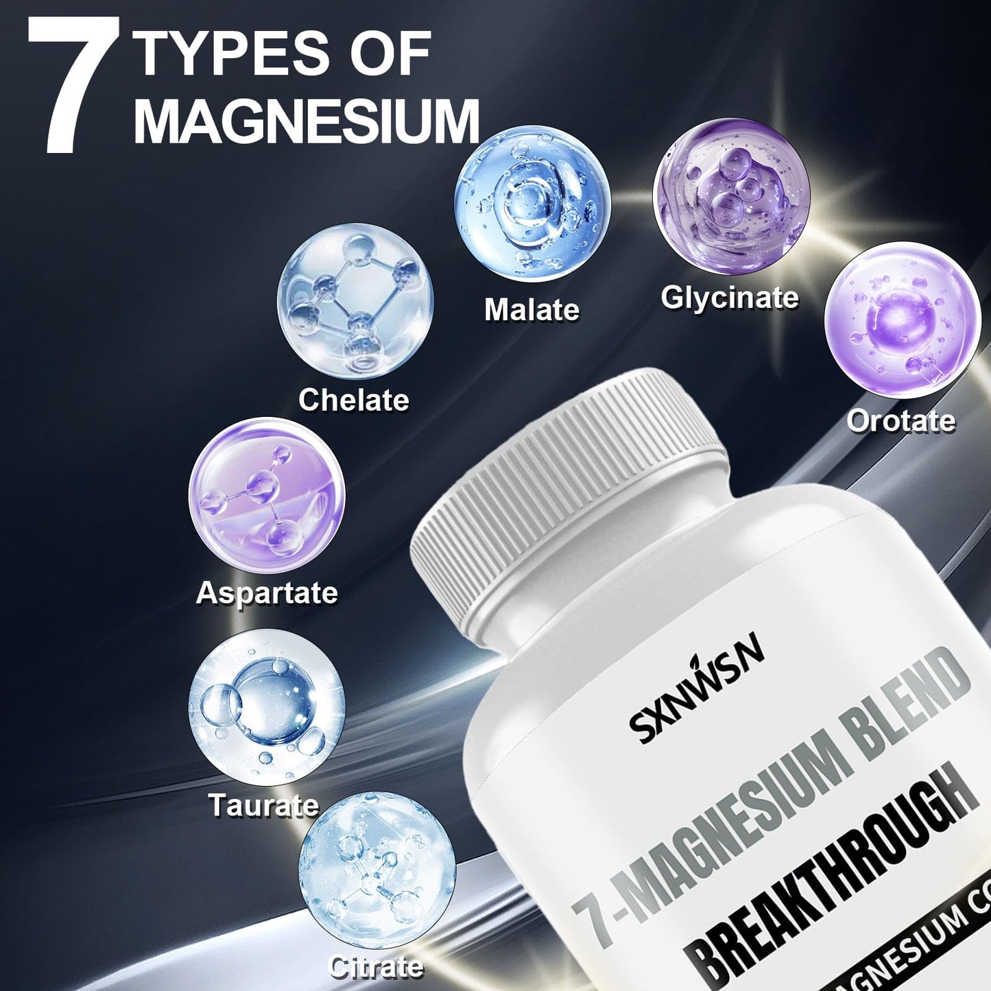 SXNWSN Magnesium Glycinate Supplement with Vitamin B6 & Manganese Citrate, 7 Type Magnesium Complex - Support Restful Sleep, Muscle Relaxation, Heart Health and Metabolism, 90 Capsules