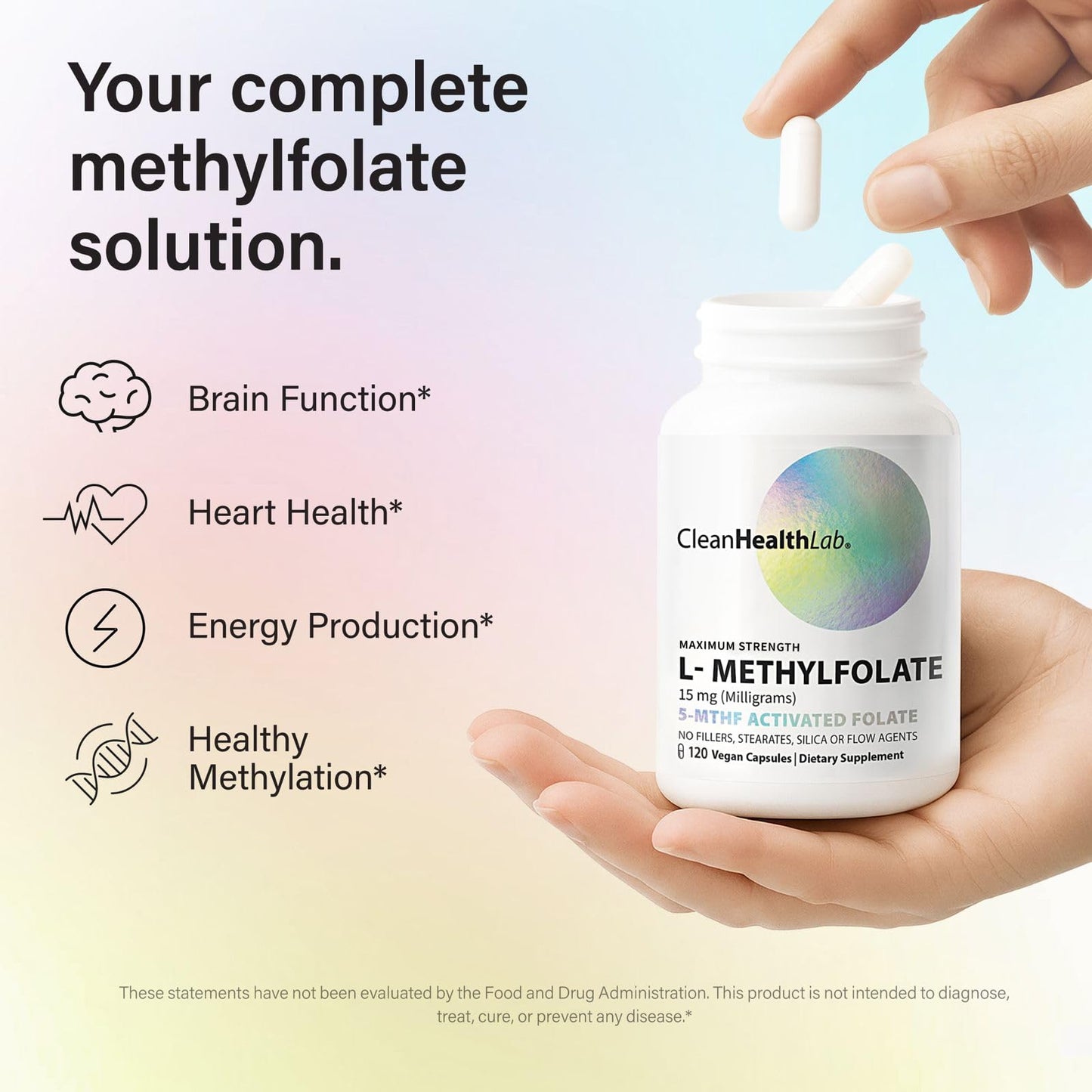 CLEAN HEALTH LAB L-Methylfolate 15mg, 5-MTHF Active Folate - Maximum Potency Methylated Vitamin B9 Supplement - Support for Brain Health, Energy, Nerves, and Methylation with No Fillers, Capsule, 120 Count