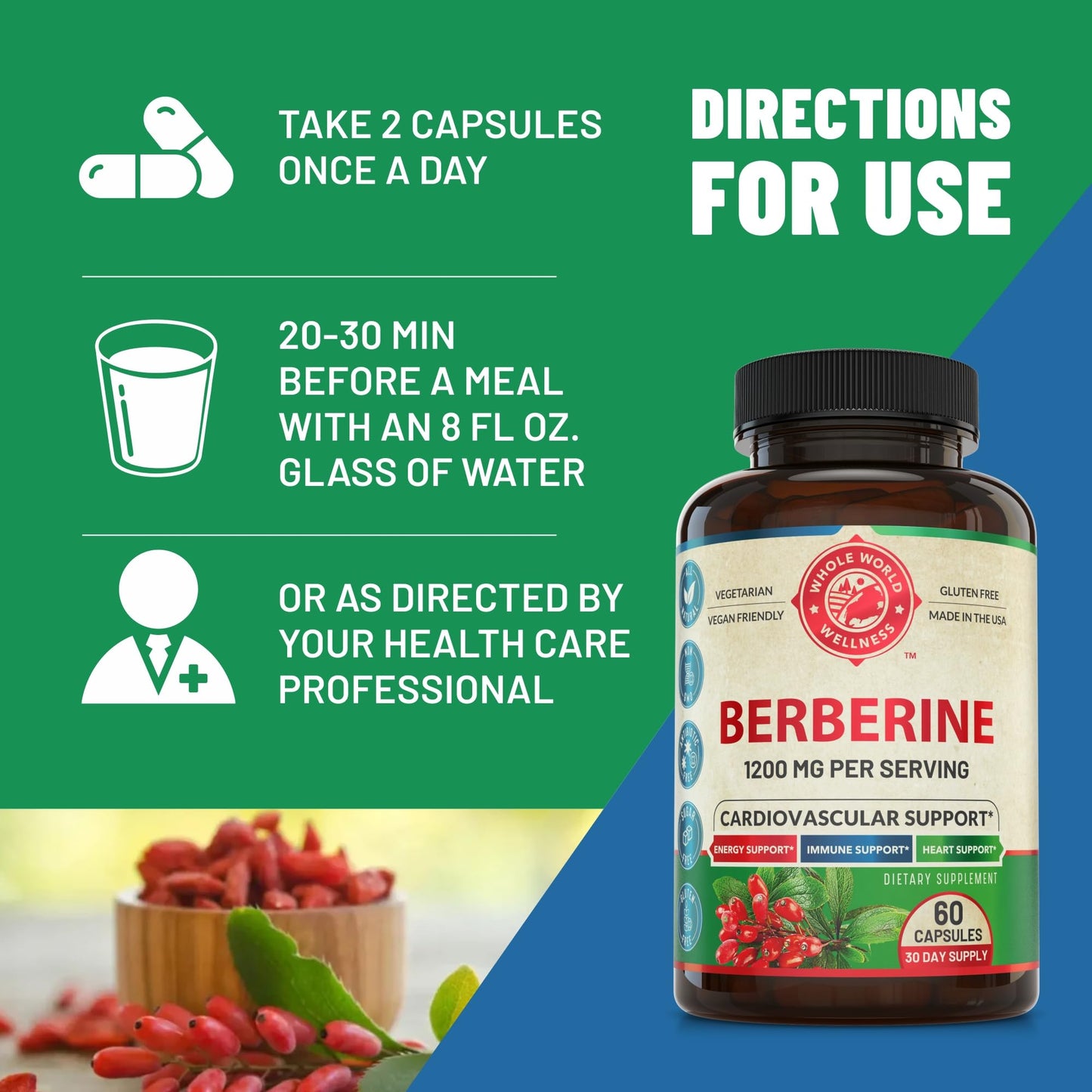 WHOLE WORLD WELLNESS Berberine 1200mg Herbal Health Capsules, 60 Count