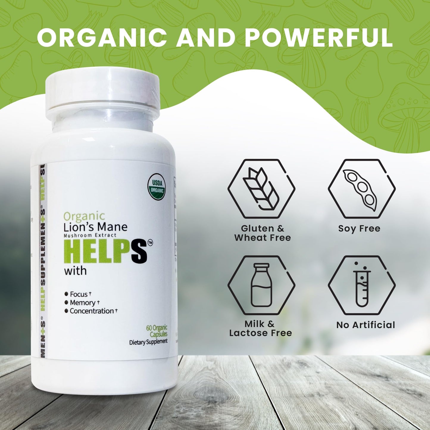 Help Supplements Organic Lion's Mane Mushroom Capsules, 1000mg Lion's Mane Powder Extract, 60 Capsules