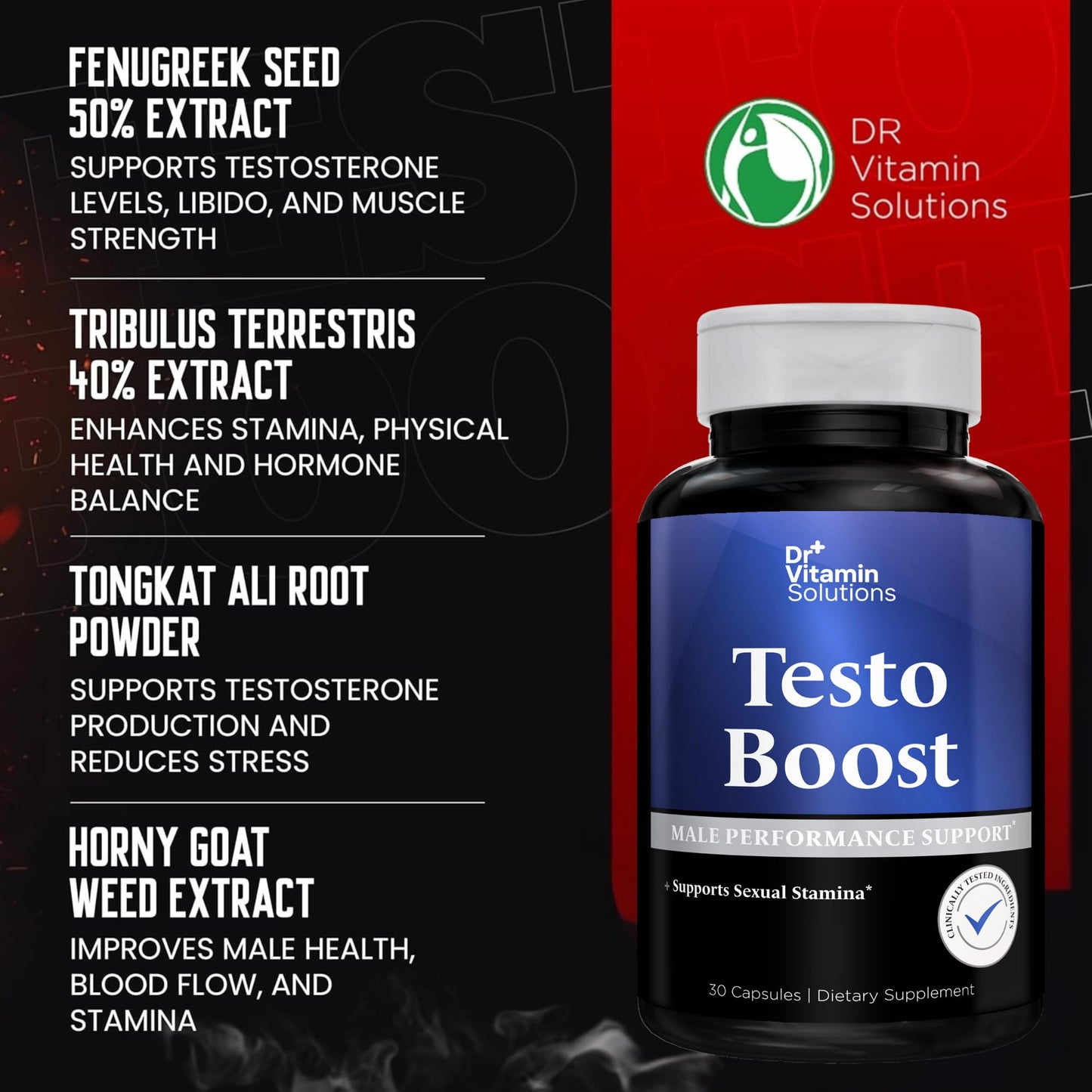 DR VITAMIN SOLUTIONS Testosterone Booster Capsules, 30 Count