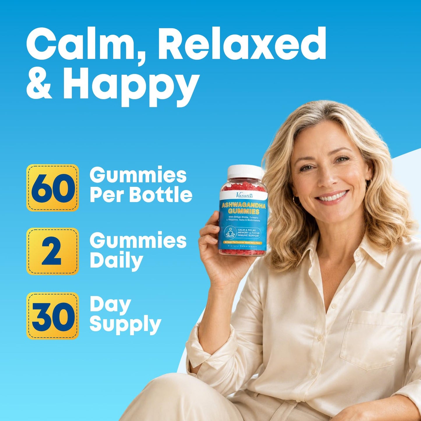Vazatisi Ashwagandha Gummies with Turmeric GABA Mood Energy and Immune Support, Mixed Berry Flavor, 60 Gummies
