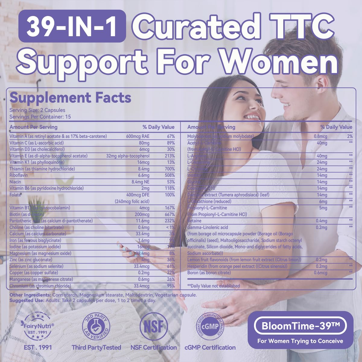 fairynutri BloomTime-39™ for Women Trying to Conceive 39-in-1 Fertility Support CoQ10, Inositol, L-Carnitine, Folate, Multivitamins & Minerals Ovary Health & Hormonal Balance 30 Capsules
