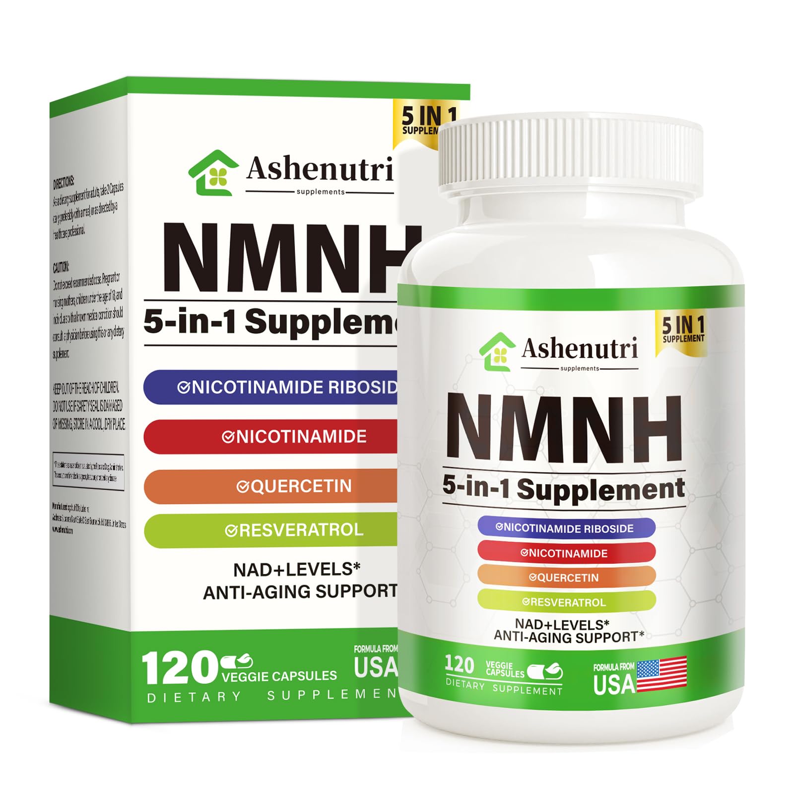 Ashenutri NMNH Supplement (Dihydronicotinamide Mononucleotide), NMN Alternative with Niacinamide (Vitamin B3), Quercetin, Trans-Resveratrol, NAD+ Support, Skin Cell Health, Aging & Energy 120 Capsules