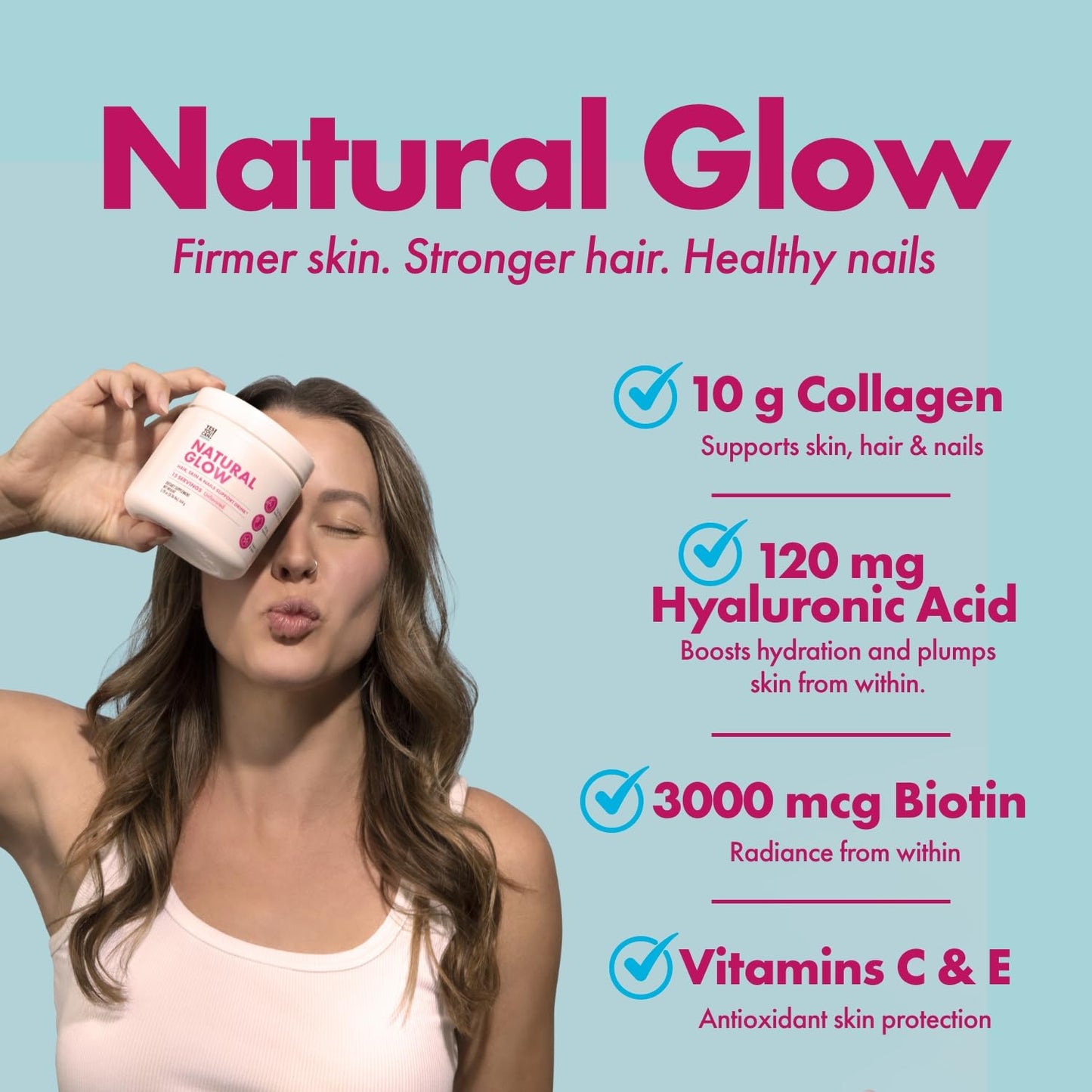 Yes You Can! Natural Glow Beauty Collagen Powder – 10g Hydrolyzed Collagen with Biotin, Hyaluronic Acid, Vitamins C & E – Skin, Hair & Nail Support – 6 oz