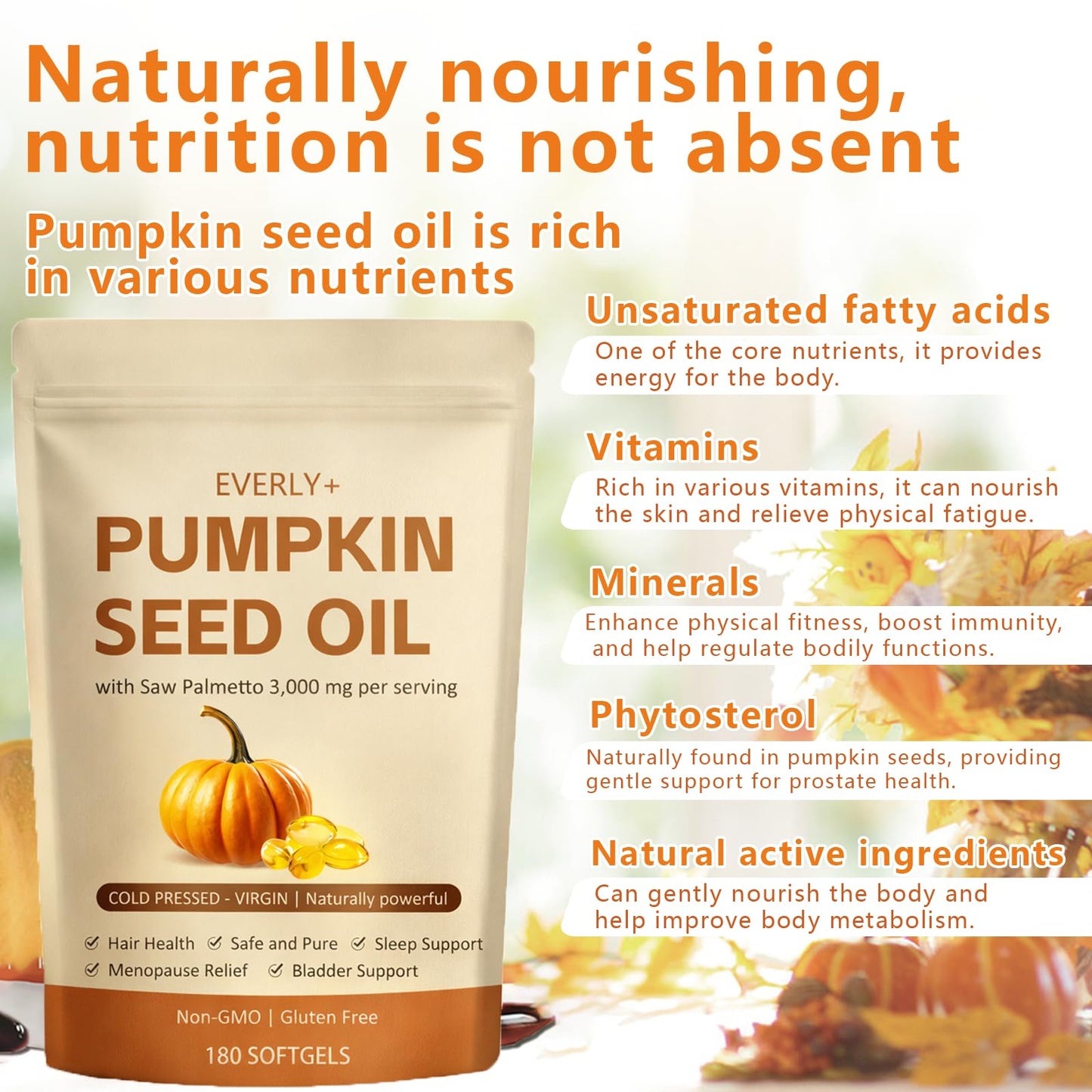 Metabolae Everly Pumpkin Seed Oil with Saw Palmetto, Cold Pressed, Pure Virgin Oil, Essential Fatty Acids & Phytosterols, Non-GMO, 180 Softgels