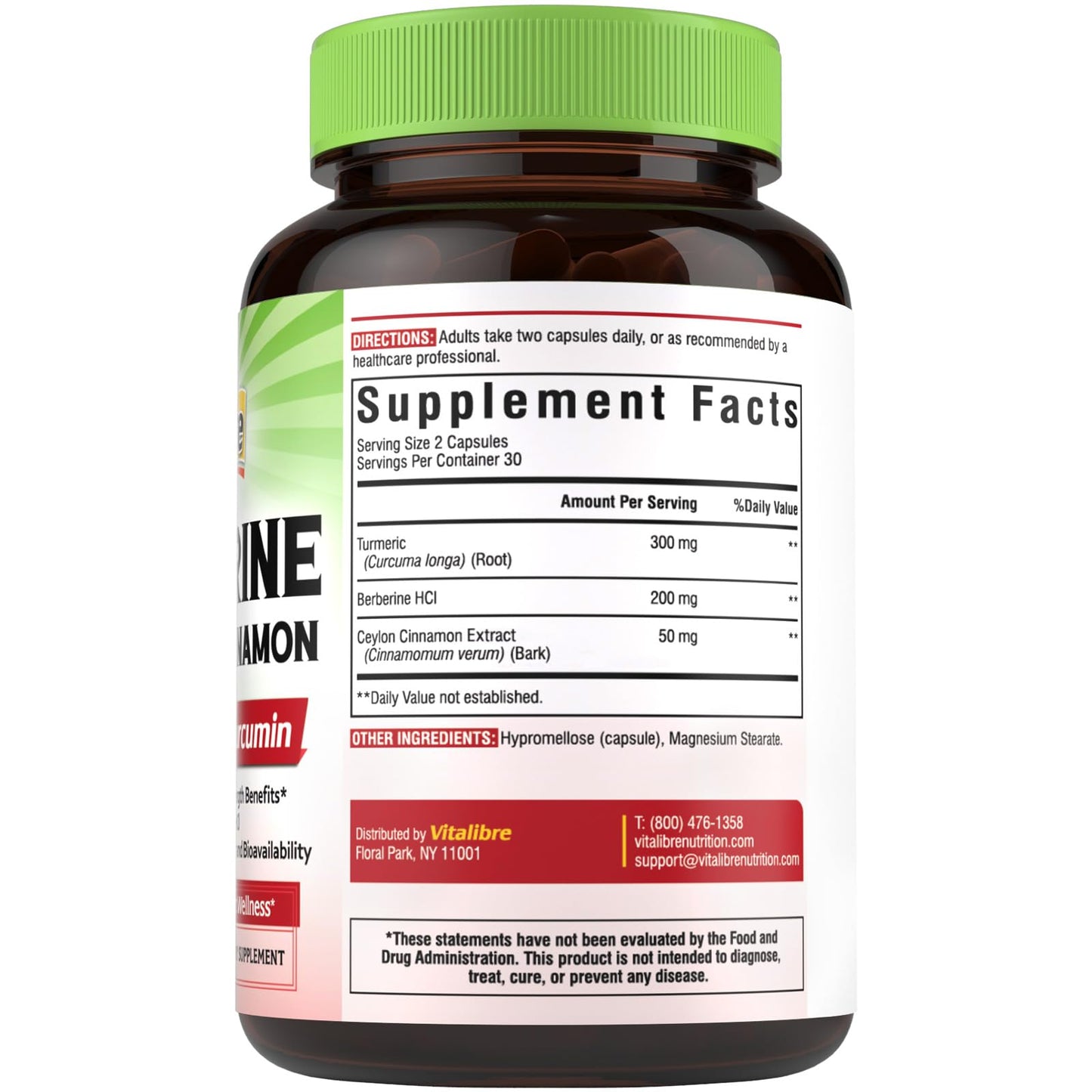 Vitalibre Berberine with Ceylon Cinnamon, Turmeric Root, Triple Strength, 97% High Potency Berberine HCl, 60 Capsules