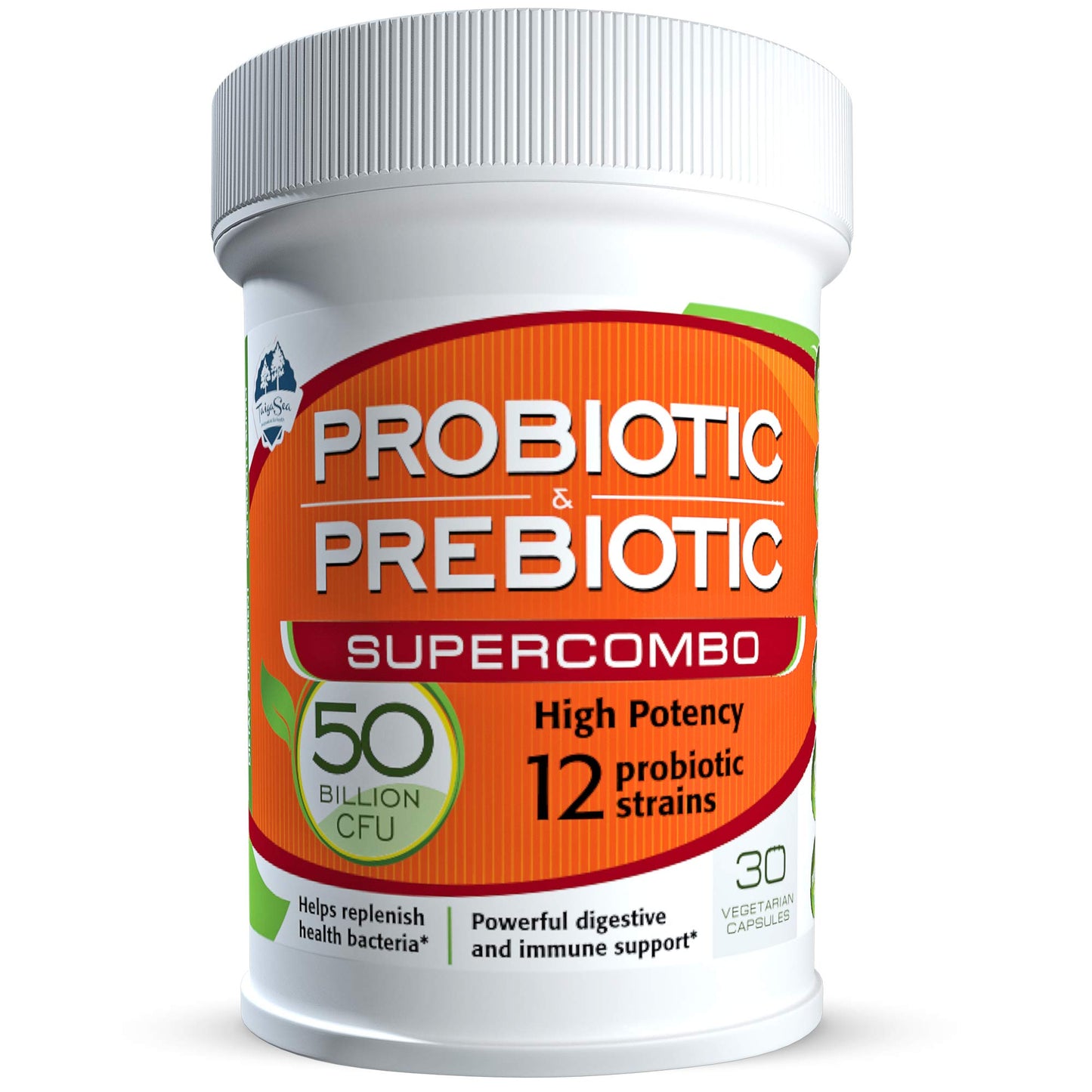 TAIGASEA 50 Billion CFU Prebiotic and Probiotic Supplement for Women and Men, 12 Strains, Daily Immune Support and Digestive Health, 30 Capsules