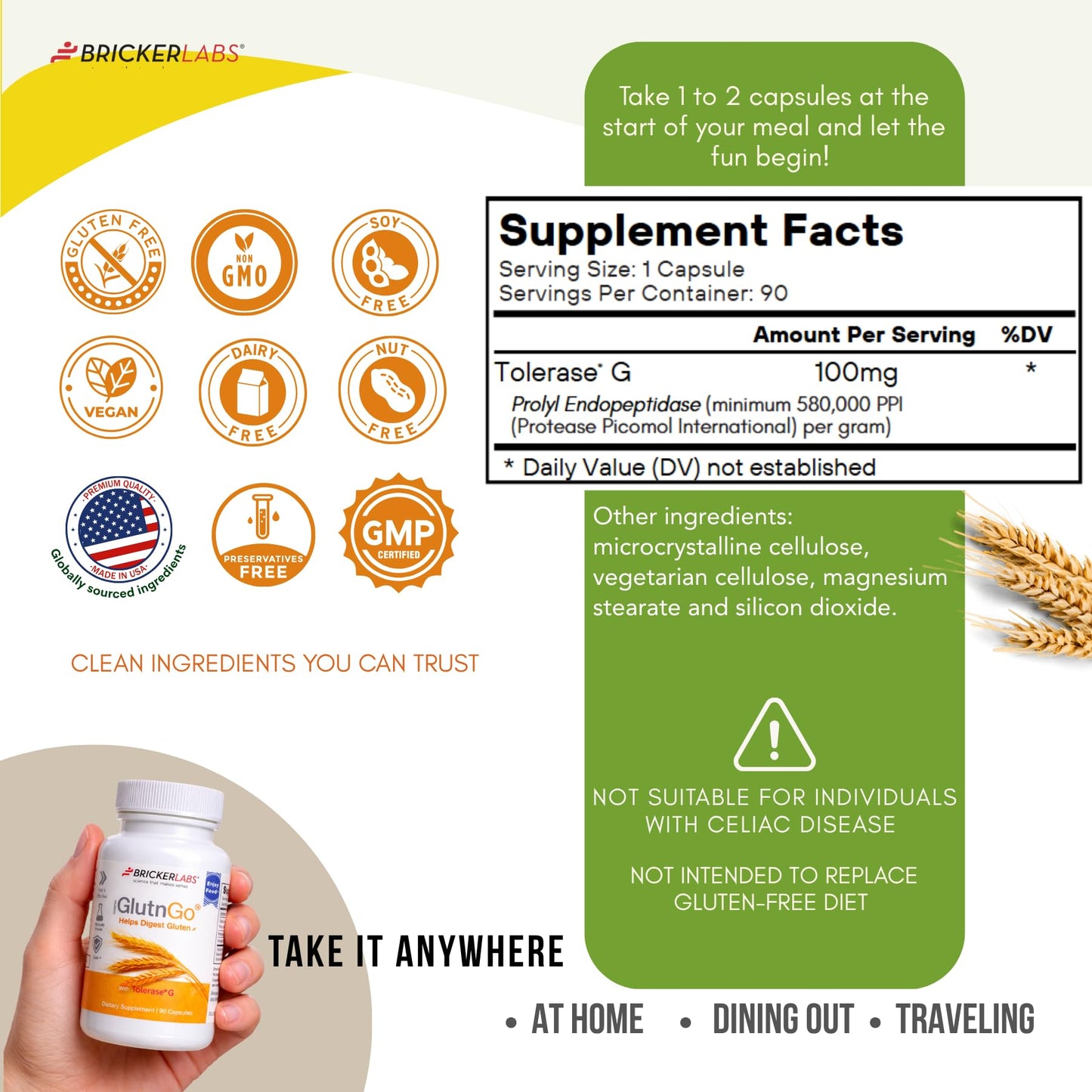 Bricker Labs GlutnGo Gluten Digestive Enzyme with Tolerase G 100mg Capsules, 90 Count