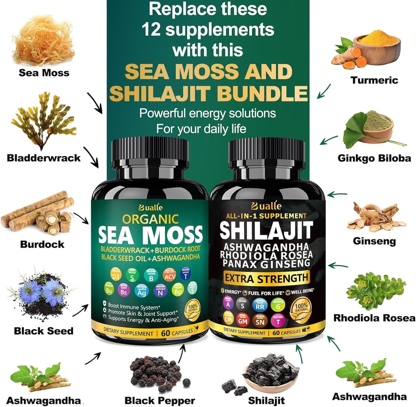 Bermellon Sea Moss & Shilajit for Energy Boost, Irish Sea Moss with Black Seed Oil Capsules, 120 Capsules