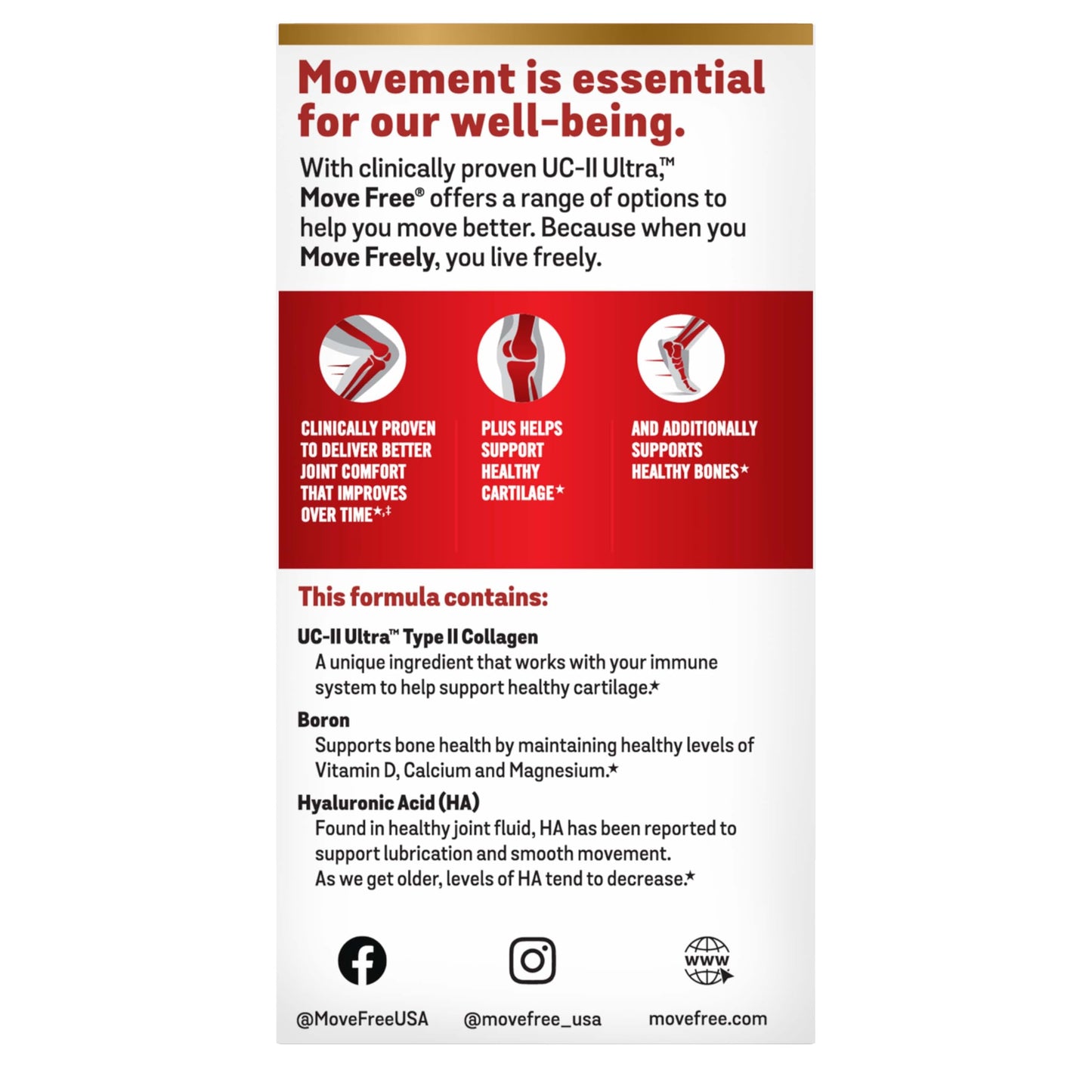 Move Free Ultra Triple Action Joint Support Supplement - Type II Collagen Boron & Hyaluronic Acid, Tablet, 64 Tablets